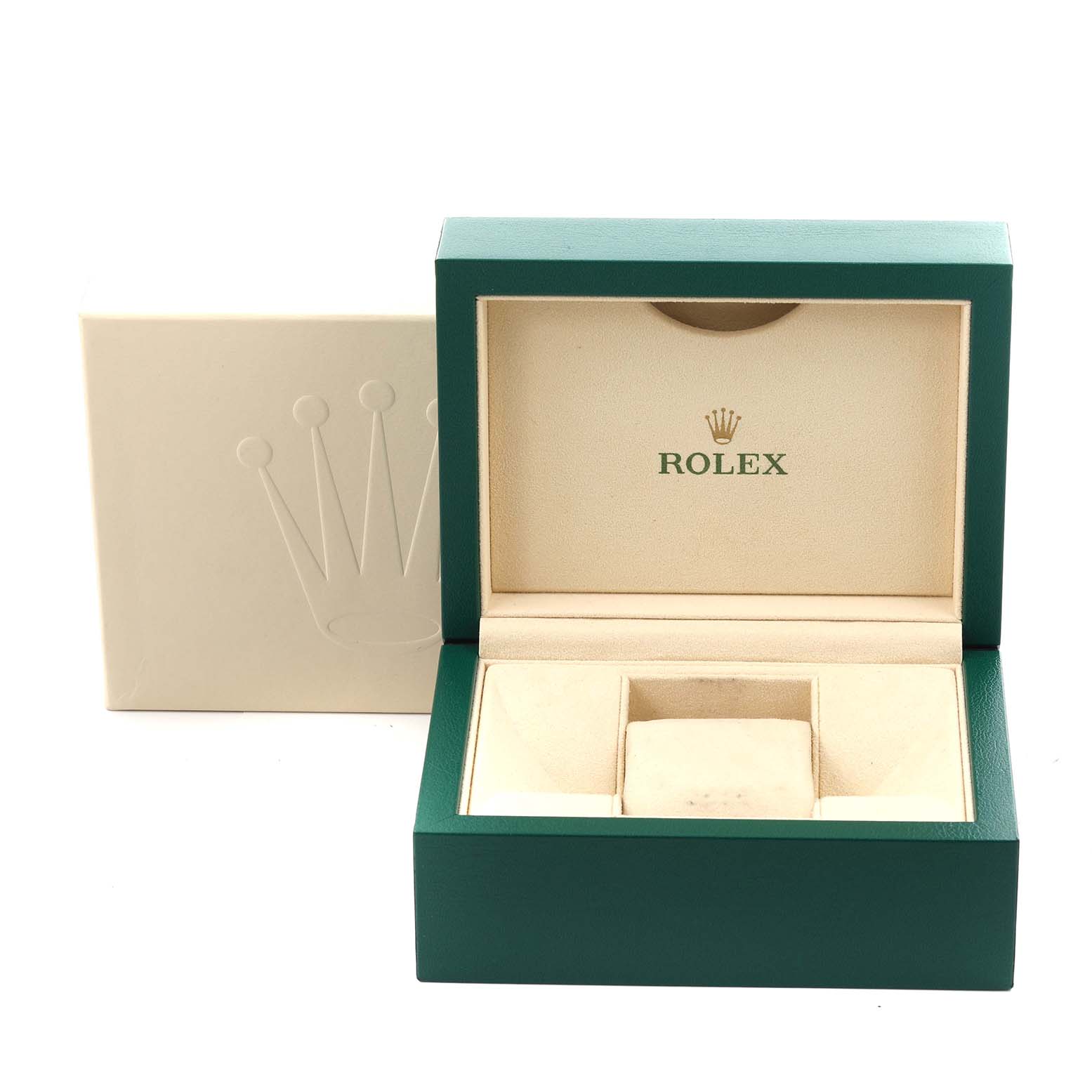 The image shows a Rolex Oyster Perpetual 116000 Men's Stainless Steel Silver Dial 116000 Men's Stainless Steel Silver Dial watch box and packaging from a front angle.
