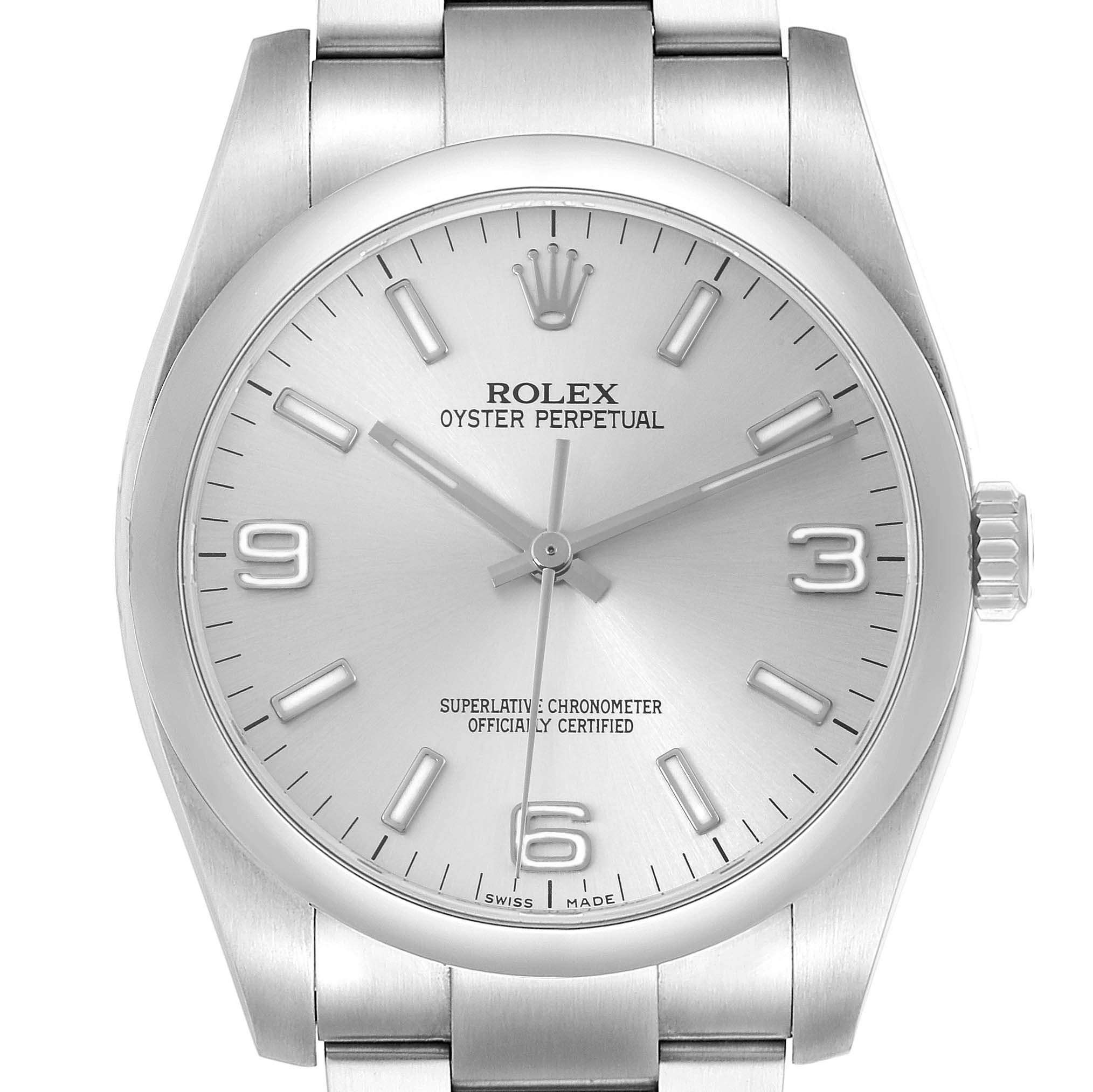 The Rolex Oyster Perpetual 116000 Men's Stainless Steel Silver Dial 116000 Men's Stainless Steel Silver Dial watch is shown from a top-down angle, highlighting the dial, bezel, and part of the bracelet.