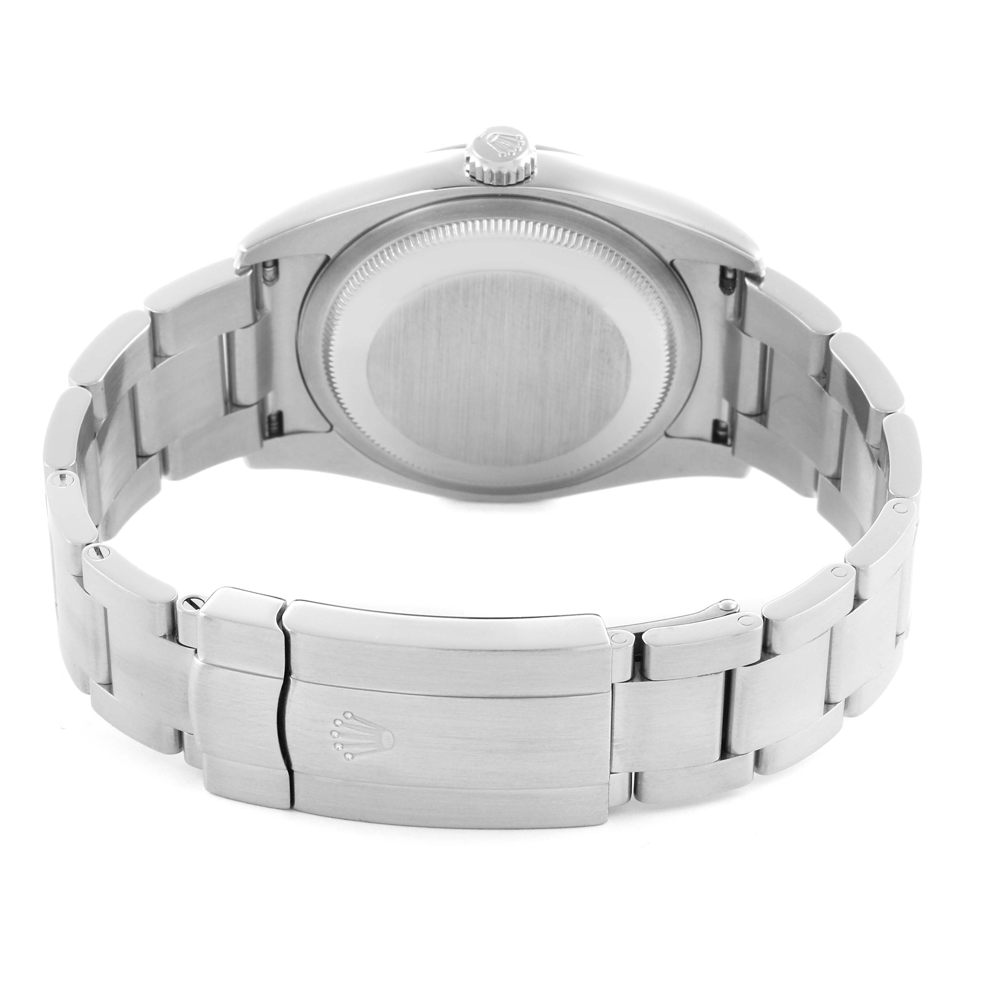 The image shows the back and bracelet of a Rolex Oyster Perpetual 116000 Men's Stainless Steel Silver Dial 116000 Men's Stainless Steel Silver Dial watch, highlighting the clasp and case back.