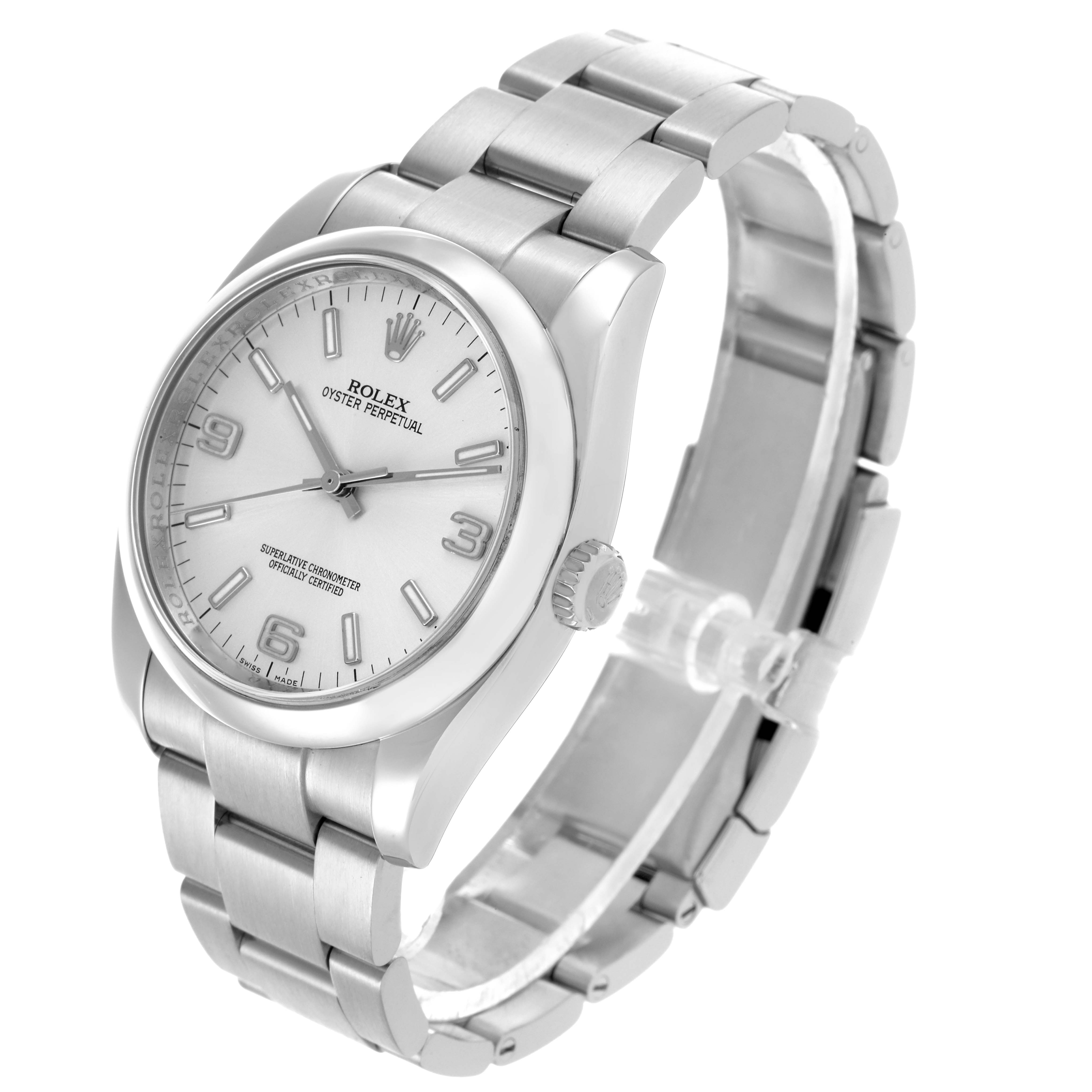 The Rolex Oyster Perpetual 116000 Men's Stainless Steel Silver Dial 116000 Men's Stainless Steel Silver Dial is shown at an angle highlighting the dial, bezel, crown, and the bracelet.