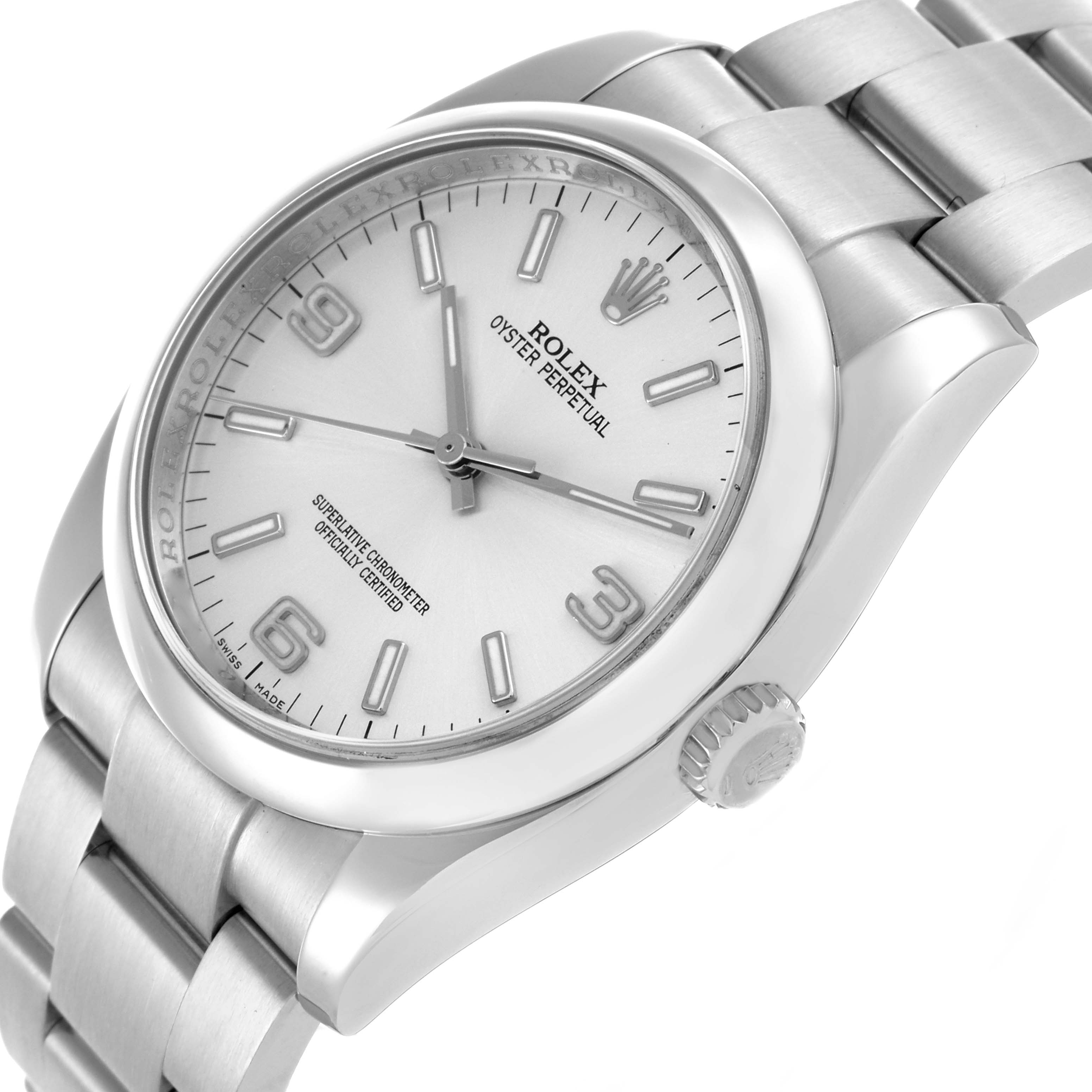 The Rolex Oyster Perpetual 116000 Men's Stainless Steel Silver Dial 116000 Men's Stainless Steel Silver Dial watch is shown at an angle highlighting the face, bezel, case, and part of the bracelet.