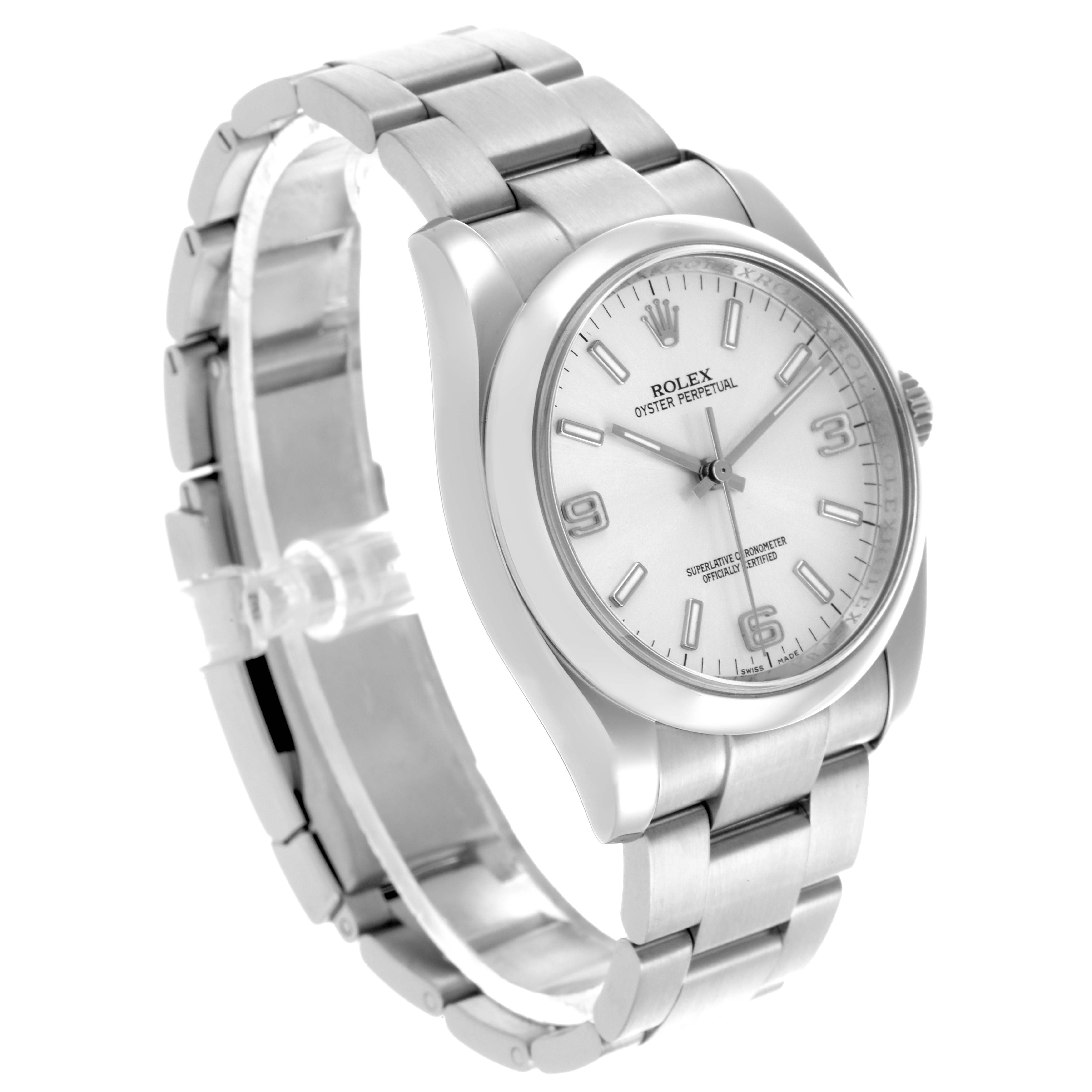The Rolex Oyster Perpetual 116000 Men's Stainless Steel Silver Dial 116000 Men's Stainless Steel Silver Dial watch is shown at an angled view, displaying the face, bezel, case, and part of the bracelet.