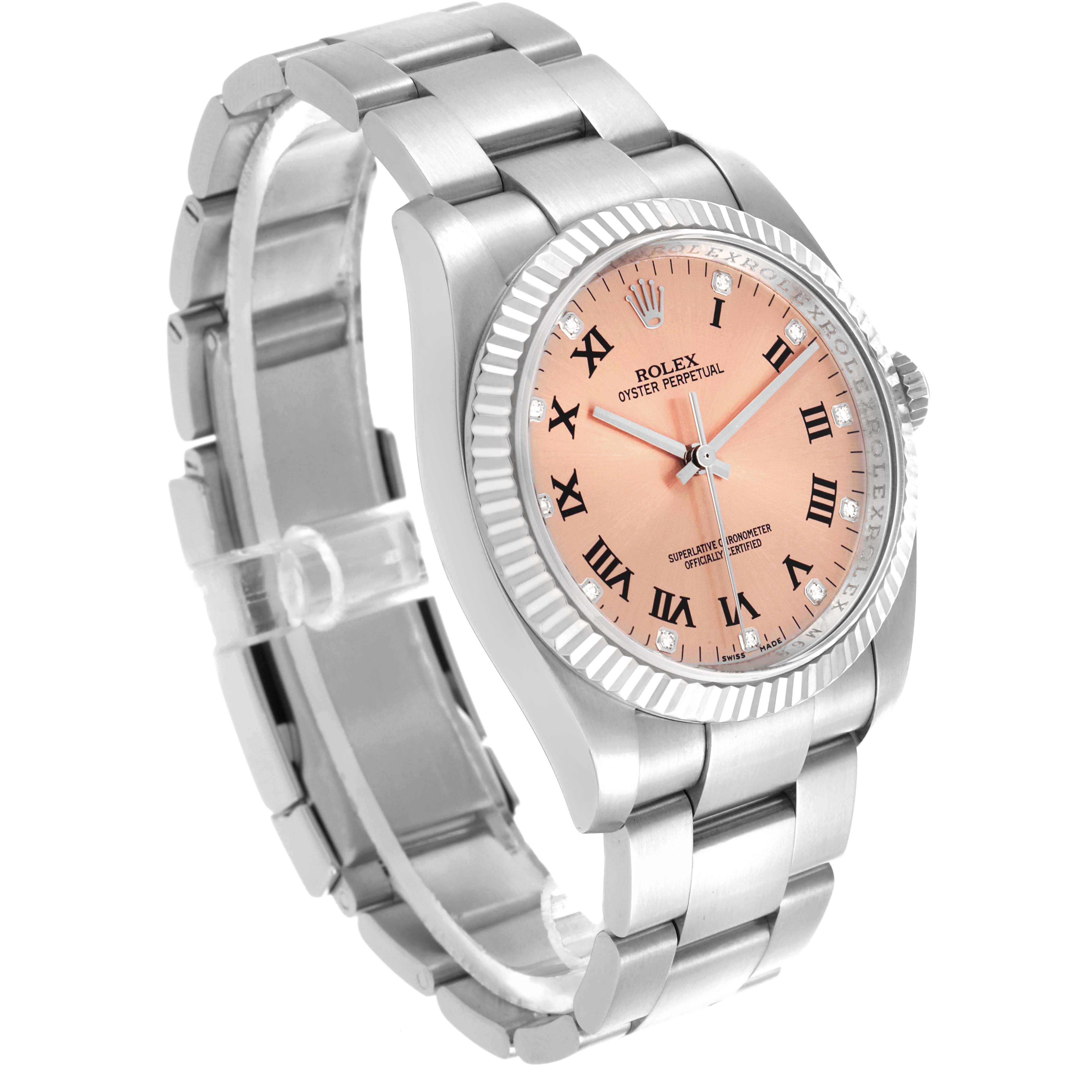 The Rolex Oyster Perpetual 116034 Men's Stainless Steel Pink Dial 116034 Men's Stainless Steel Pink Dial watch is shown at a three-quarter angle, highlighting its face, bezel, and bracelet.