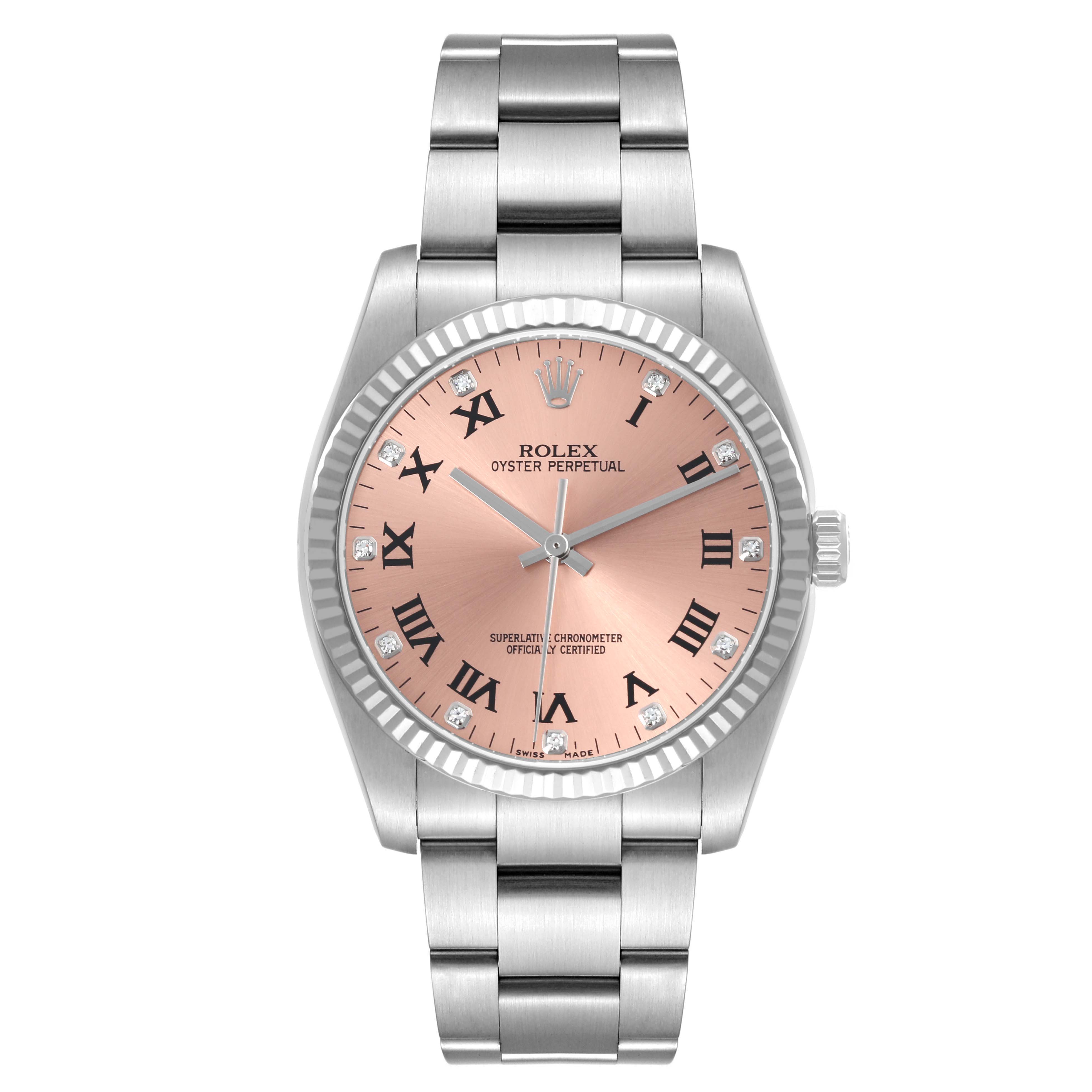 The image shows a Rolex Oyster Perpetual 116034 Men's Stainless Steel Pink Dial 116034 Men's Stainless Steel Pink Dial watch front-on, highlighting its rose dial and stainless steel bracelet.