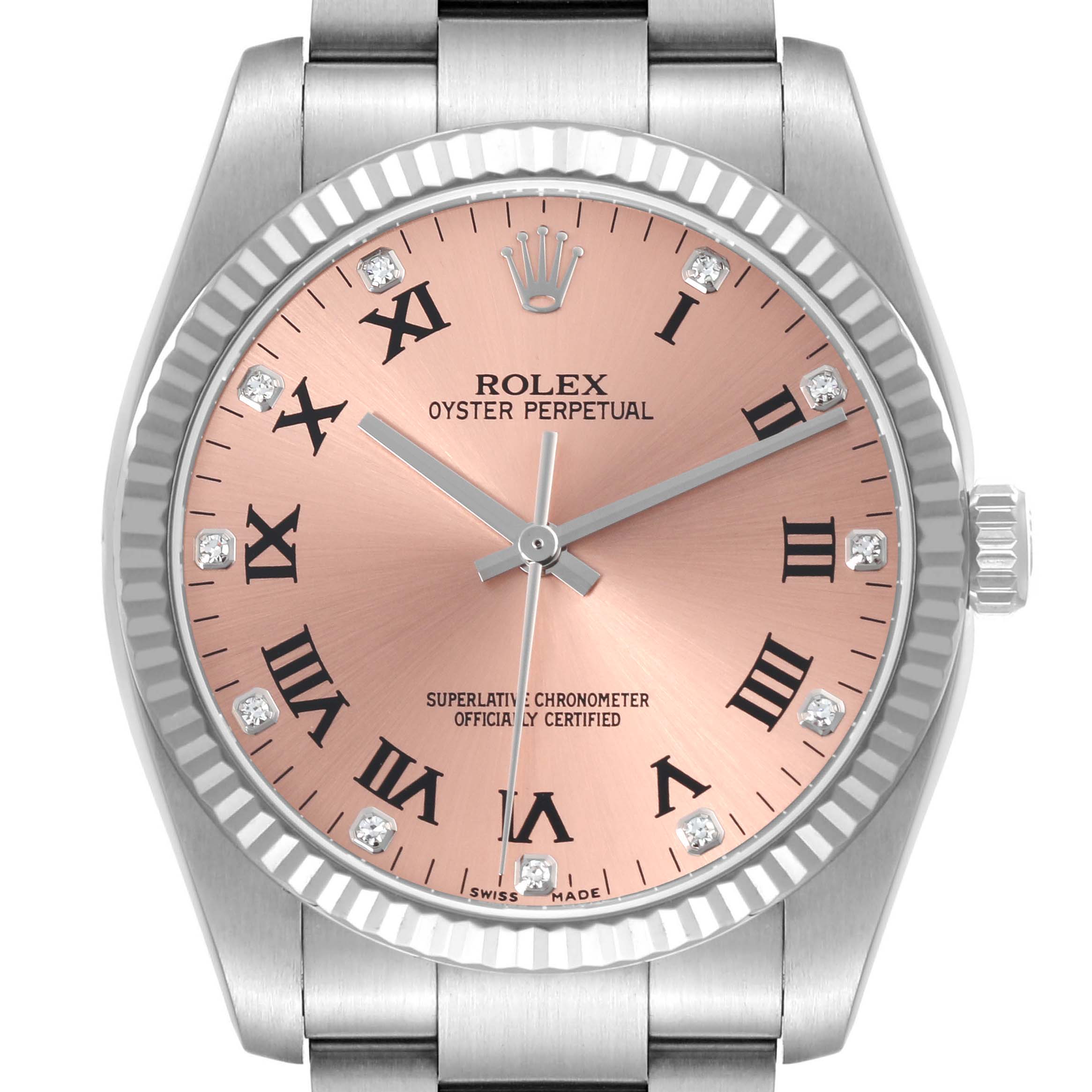 The Rolex Oyster Perpetual 116034 Men's Stainless Steel Pink Dial 116034 Men's Stainless Steel Pink Dial watch is shown from a front angle, highlighting the dial, bezel, crown, and part of the bracelet.