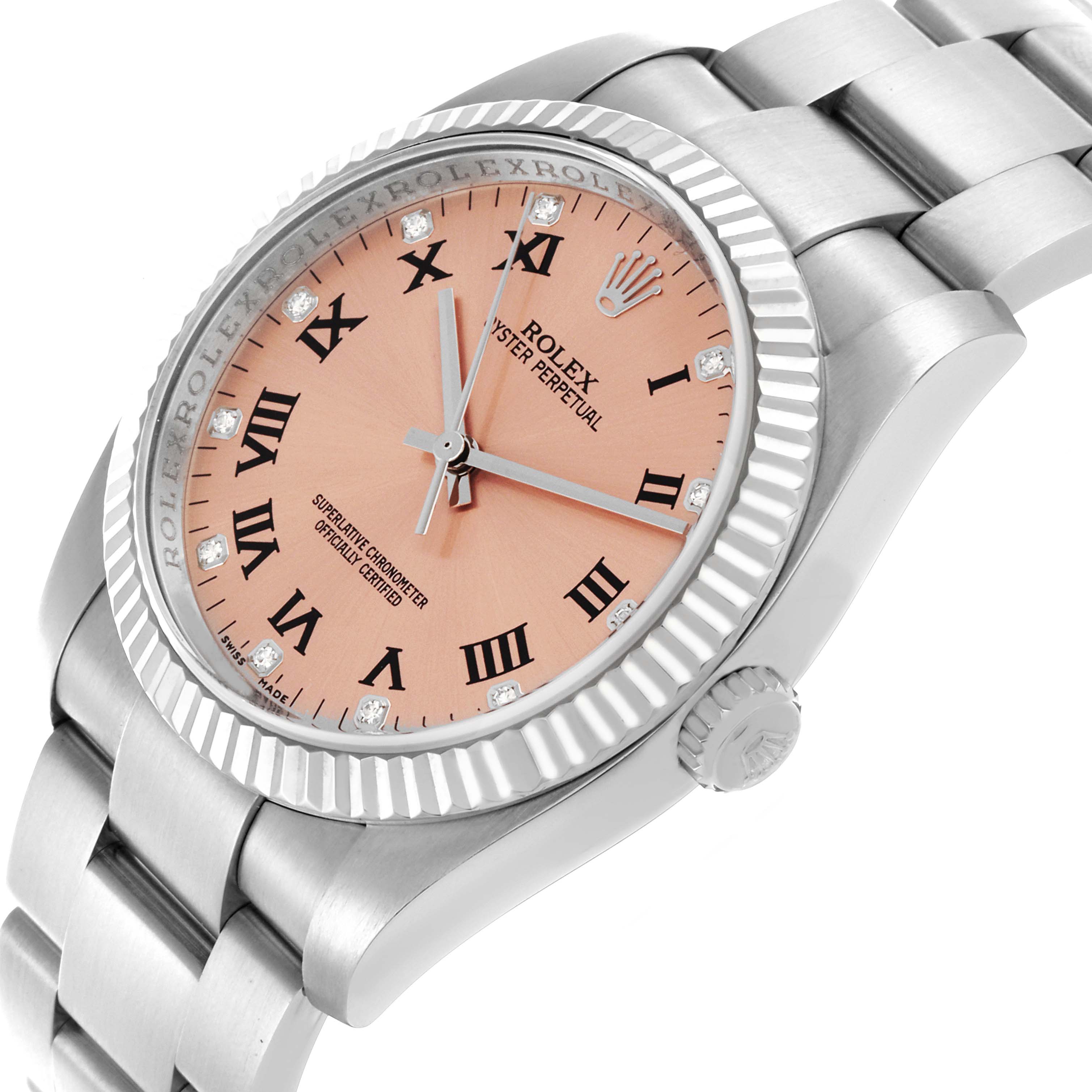 The Rolex Oyster Perpetual 116034 Men's Stainless Steel Pink Dial 116034 Men's Stainless Steel Pink Dial watch is shown at an angled view, highlighting the dial, bezel, and part of the bracelet.