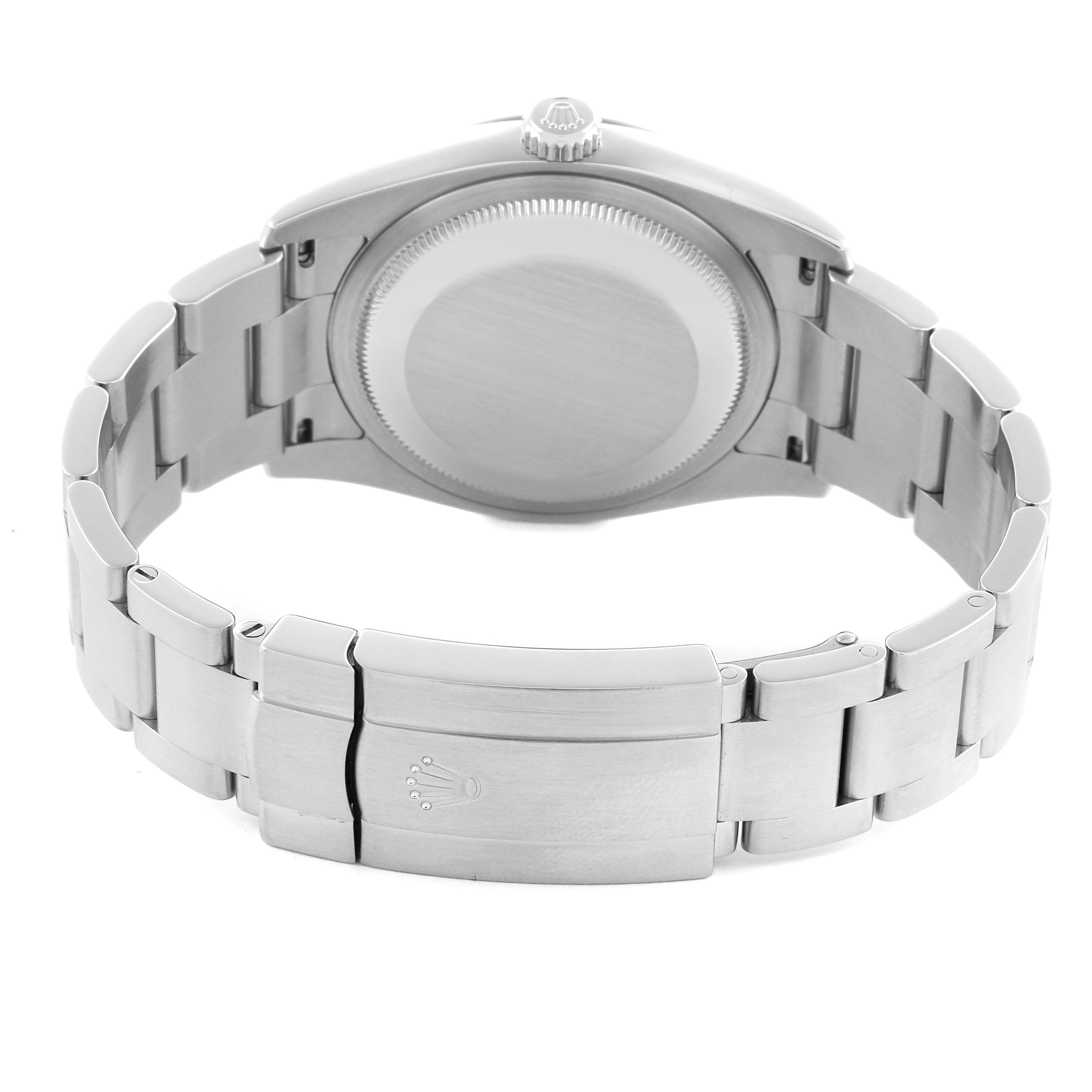 The image shows the backside and clasp of a Rolex Oyster Perpetual 116034 Men's Stainless Steel Pink Dial 116034 Men's Stainless Steel Pink Dial watch, focusing on the case back and bracelet.