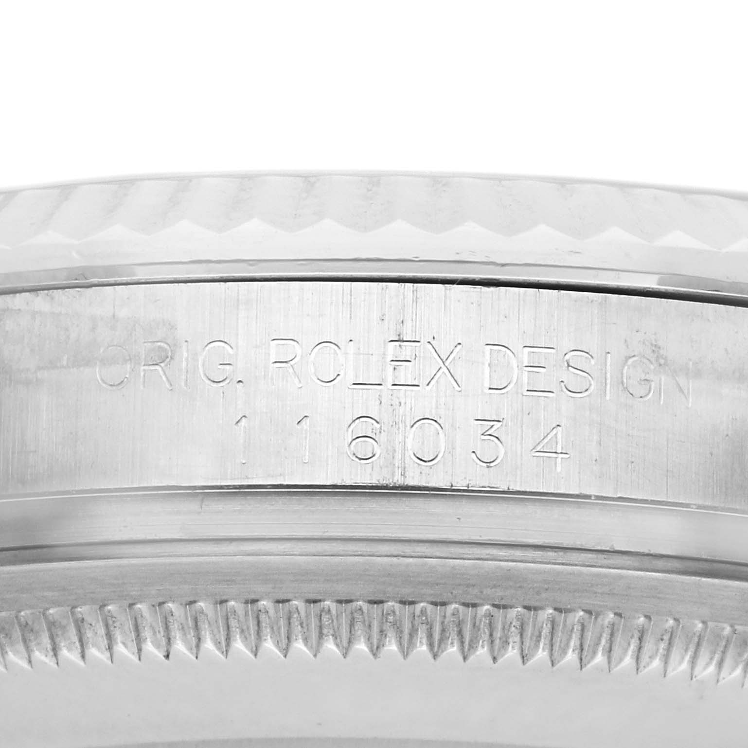 The image shows the side view of a Rolex Oyster Perpetual 116034 Men's Stainless Steel Pink Dial 116034 Men's Stainless Steel Pink Dial watch, highlighting the case with model number 16034 engraved.