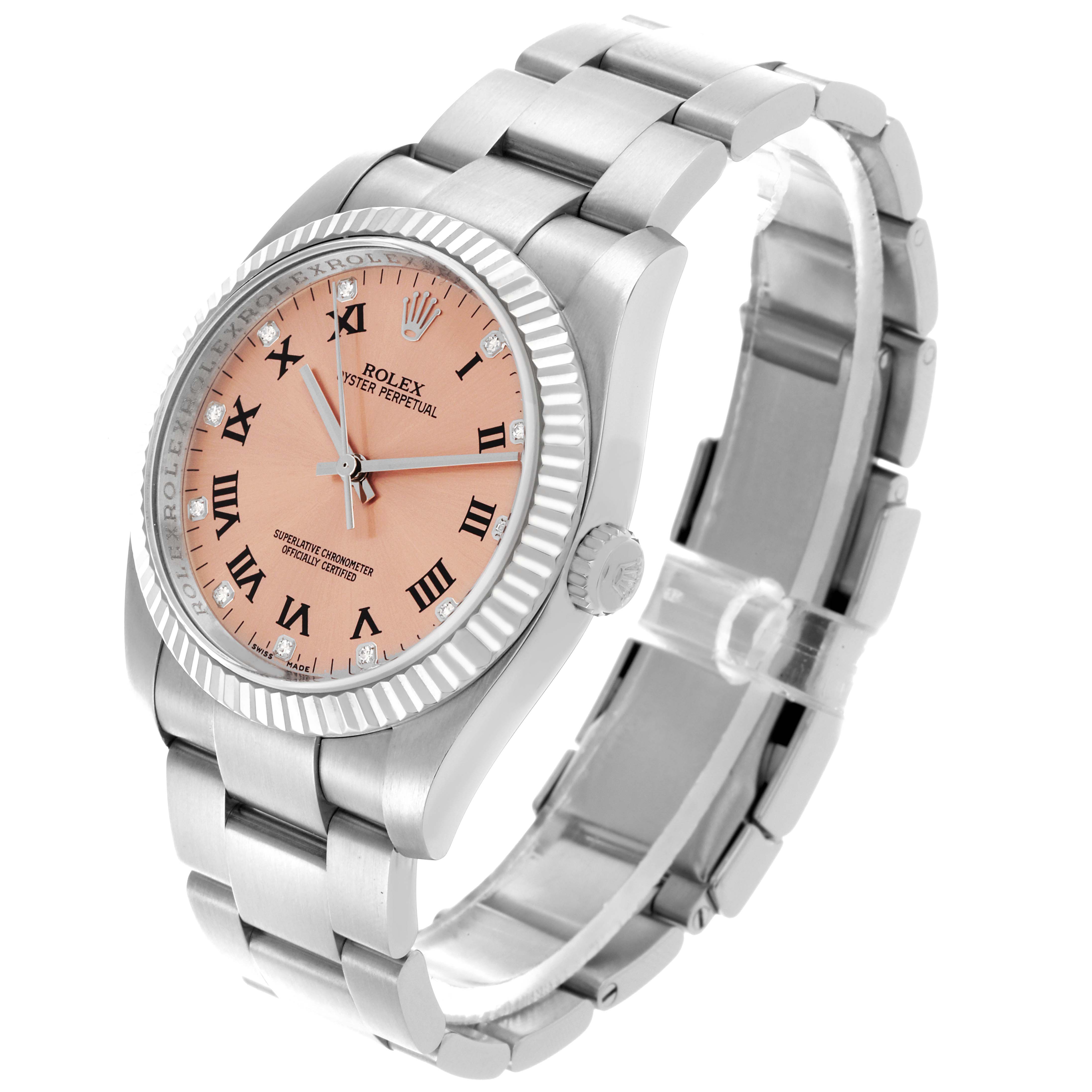The Rolex Oyster Perpetual 116034 Men's Stainless Steel Pink Dial 116034 Men's Stainless Steel Pink Dial watch is shown at a three-quarter angle, highlighting the face, bezel, and bracelet.