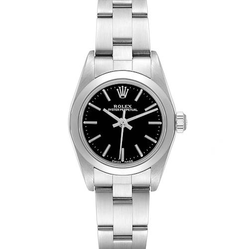 The Rolex Oyster Perpetual watch is shown from a front angle, highlighting the face, bezel, and bracelet.