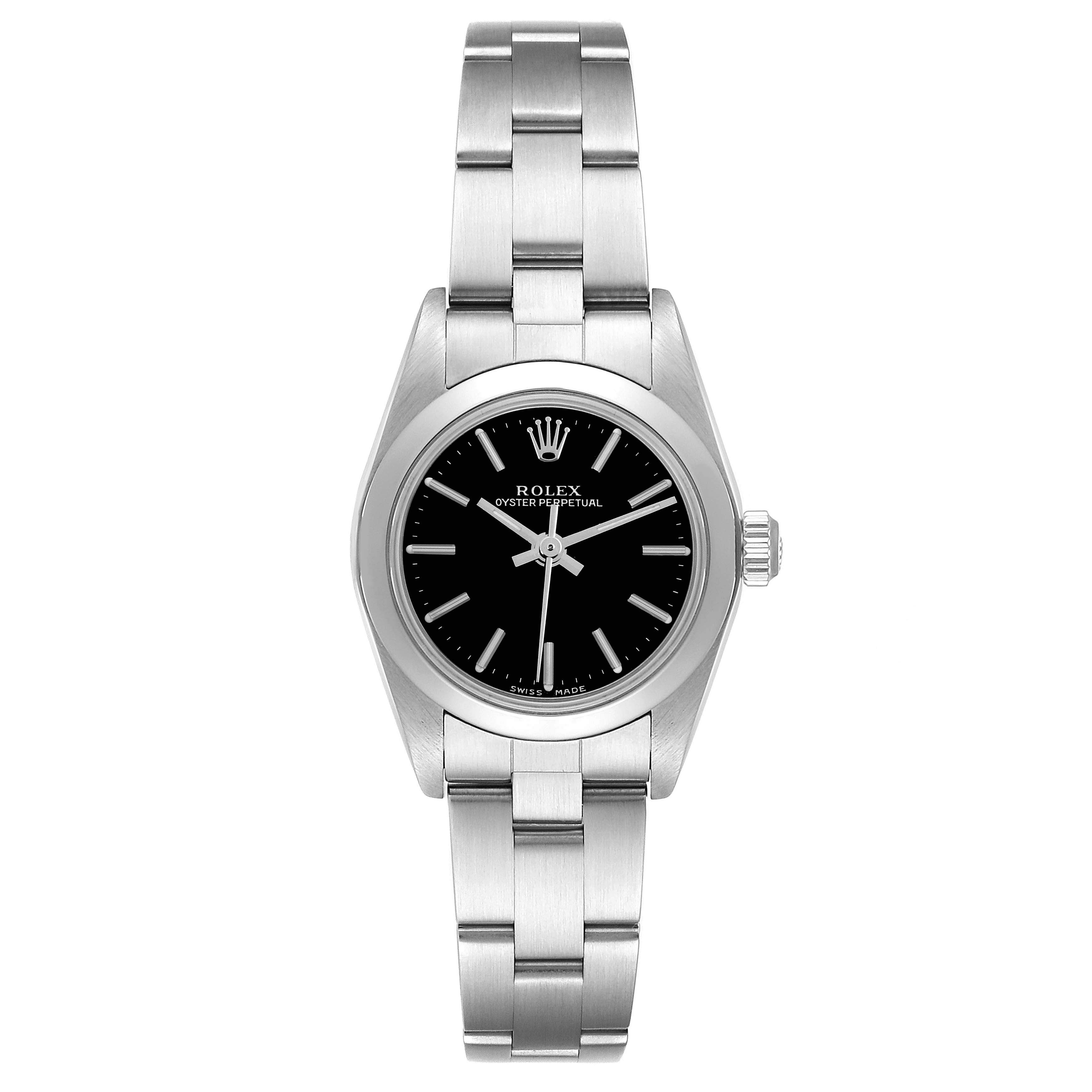The Rolex Oyster Perpetual 76080 Women's Stainless Steel Black Dial 76080 Women's Stainless Steel Black Dial watch is shown from a top-down angle, displaying the full face and stainless steel bracelet.