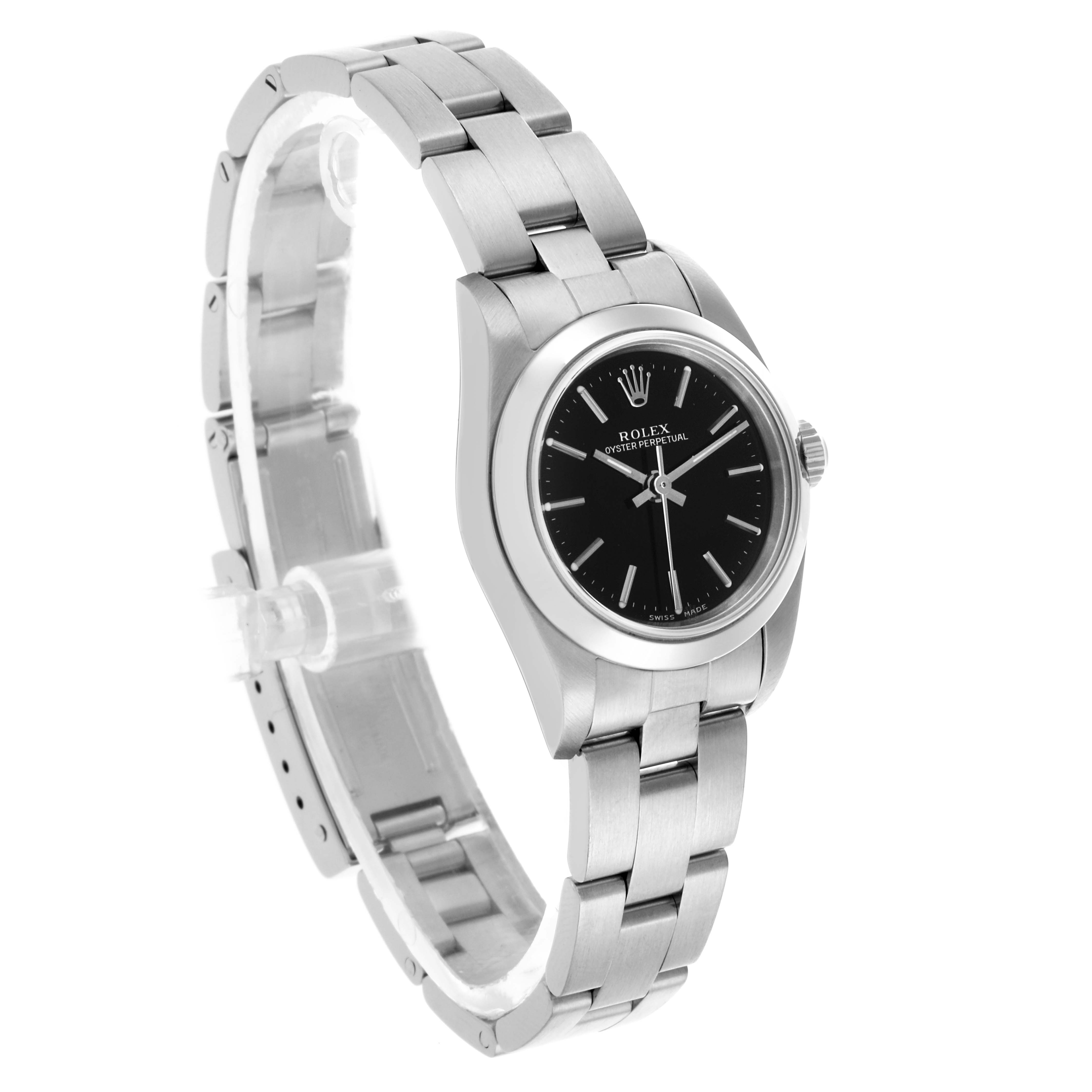 The Rolex Oyster Perpetual 76080 Women's Stainless Steel Black Dial 76080 Women's Stainless Steel Black Dial is shown at an oblique angle, displaying the face, bezel, case, and bracelet.