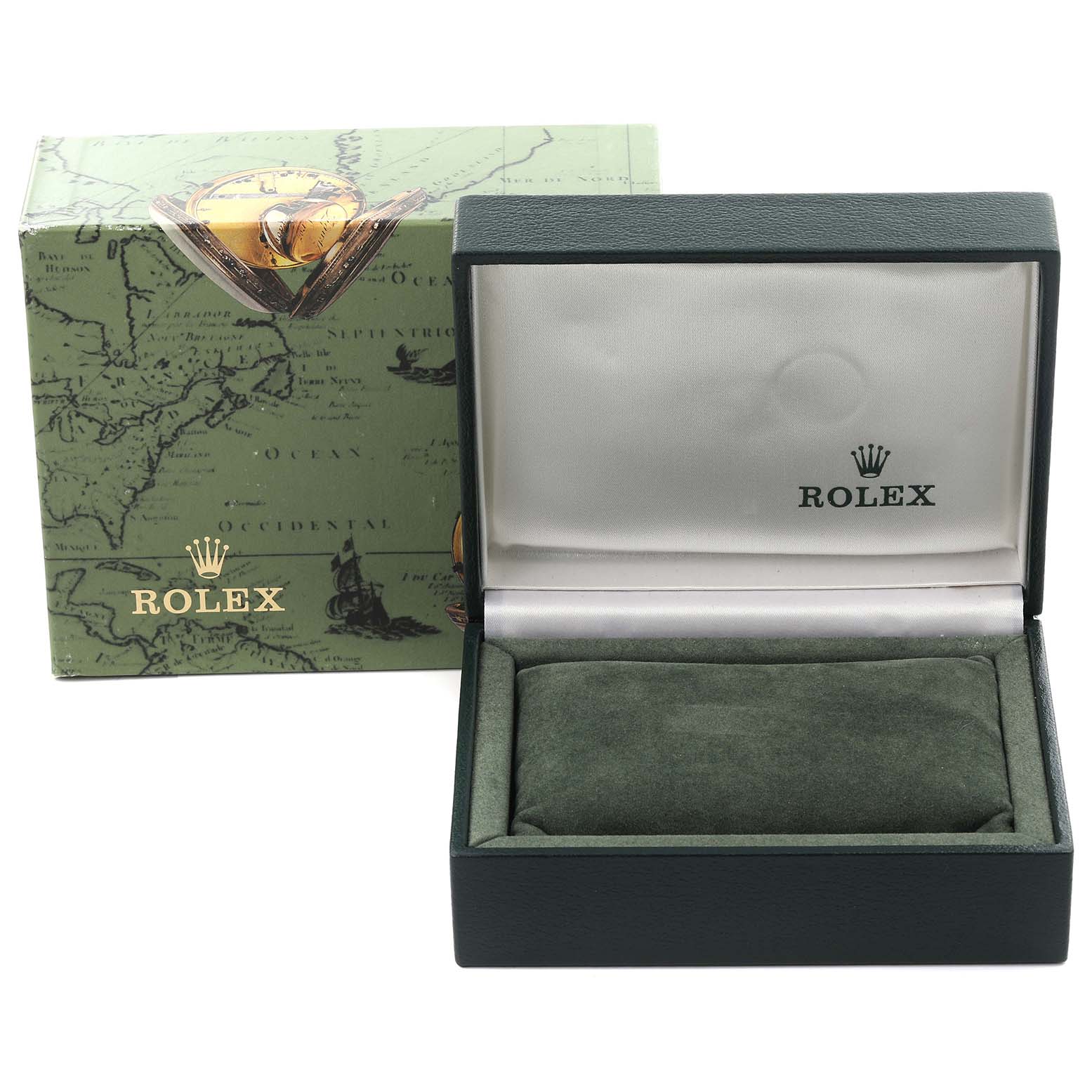 The image shows an open Rolex watch box for the Oyster Perpetual model, with a green cushion and brand logo displayed.