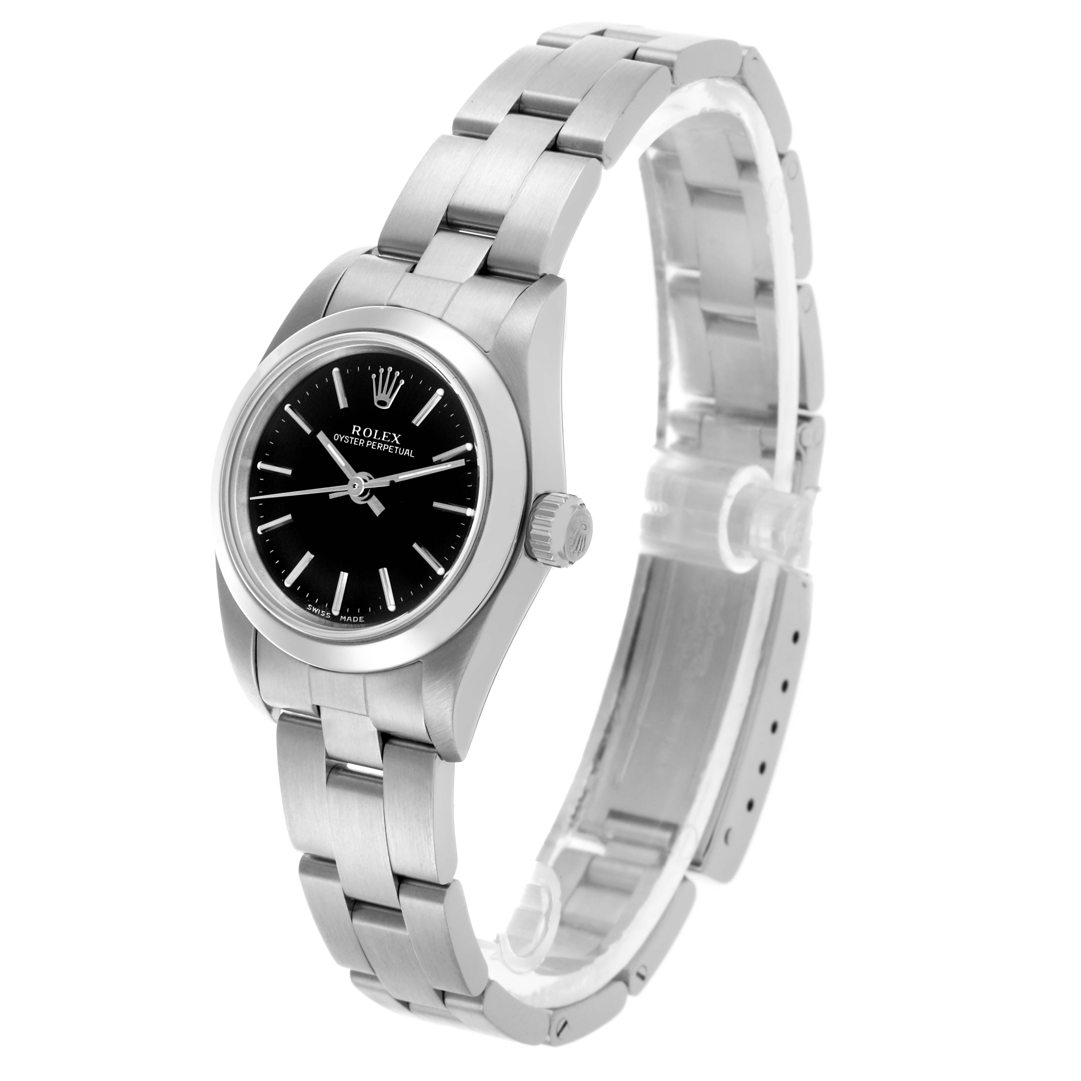 The Rolex Oyster Perpetual 76080 Women's Stainless Steel Black Dial 76080 Women's Stainless Steel Black Dial watch is shown at a slight angle, displaying its face, bezel, and stainless steel bracelet.