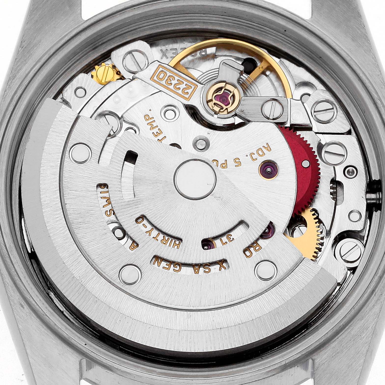 The image shows the inner movement mechanism of a Rolex Oyster Perpetual 76080 Women's Stainless Steel Black Dial 76080 Women's Stainless Steel Black Dial watch from a top-down angle.