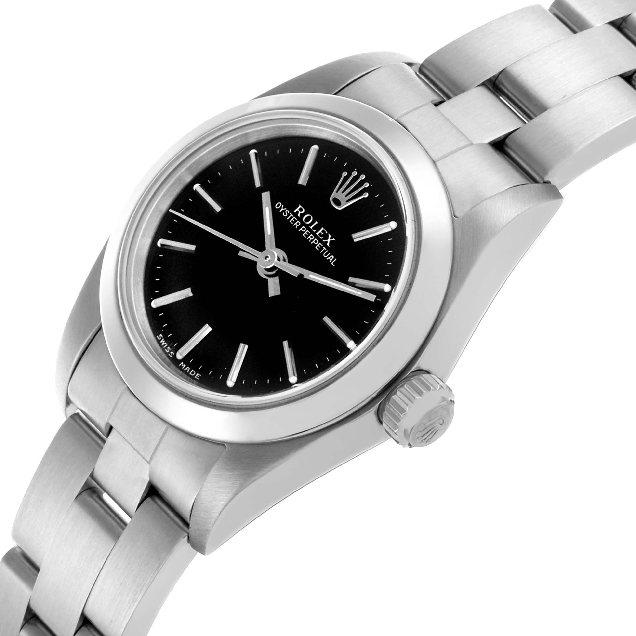 The Rolex Oyster Perpetual 76080 Women's Stainless Steel Black Dial 76080 Women's Stainless Steel Black Dial watch is shown at a side angle, highlighting the dial, crown, and bracelet.