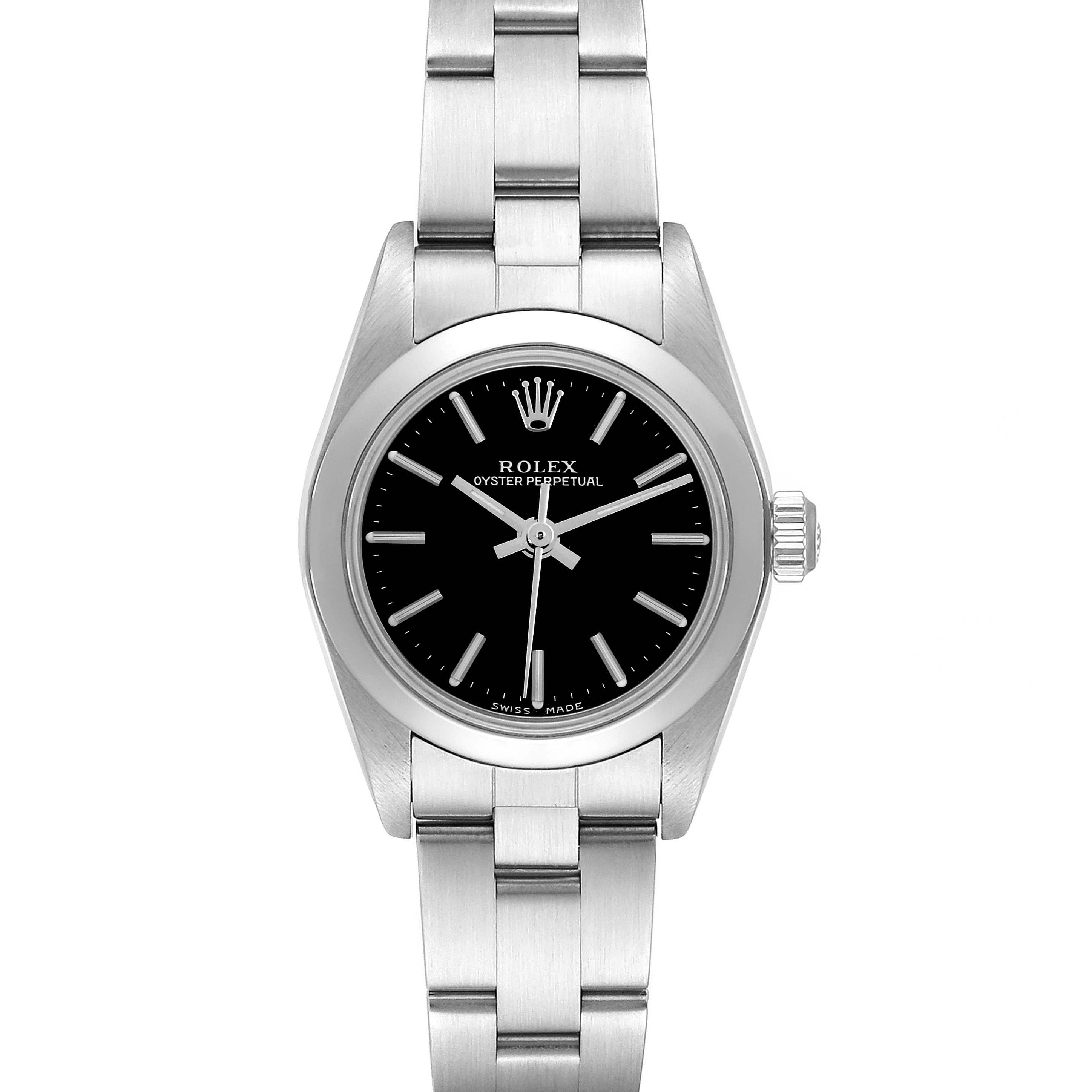 The Rolex Oyster Perpetual 76080 Women's Stainless Steel Black Dial 76080 Women's Stainless Steel Black Dial watch is shown from a front angle, displaying the full face, bracelet, and crown.