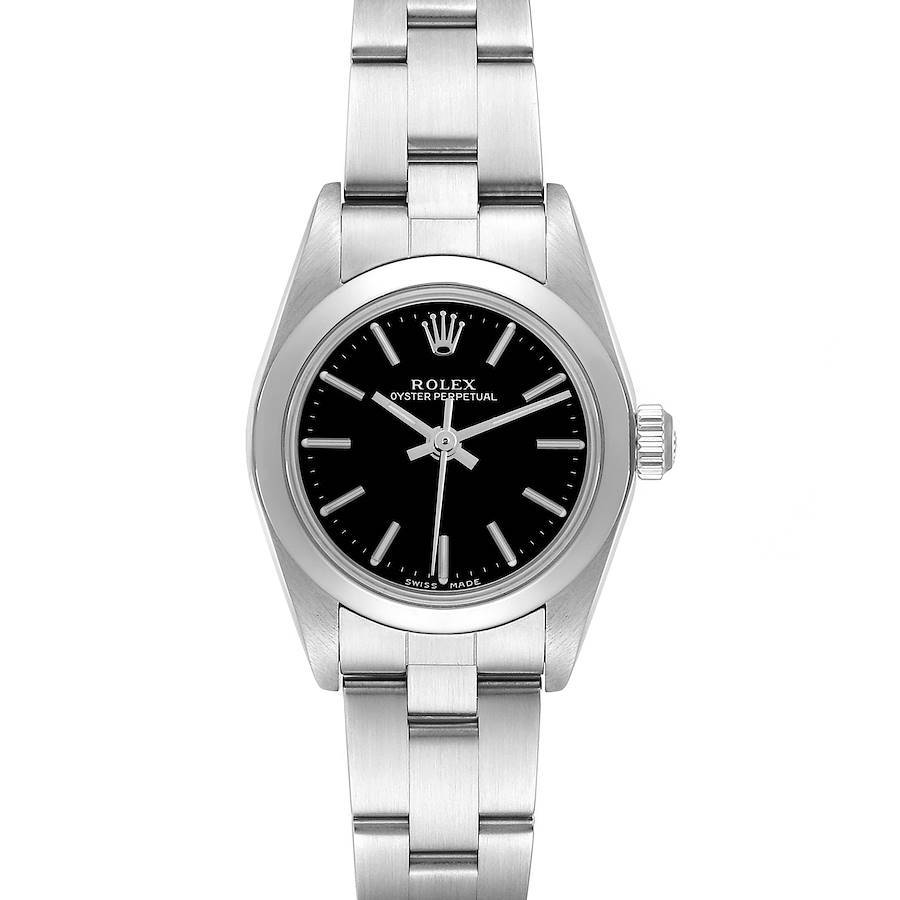 The Rolex Oyster Perpetual watch is shown from a front angle, displaying the full face, bracelet, and crown.