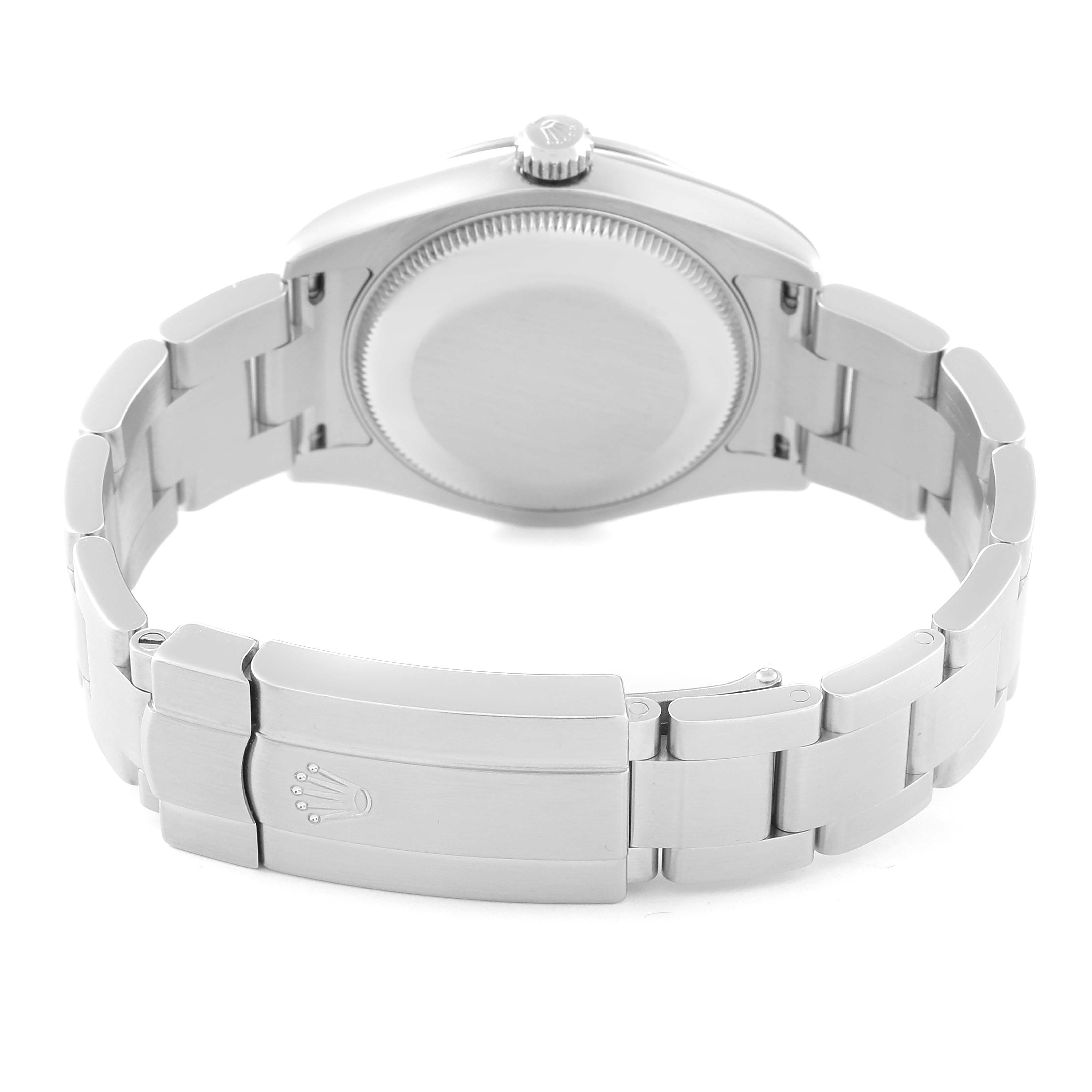 The image shows the back case and metal bracelet clasp of a Rolex Mid-Size 177200 Women's Stainless Steel White Dial 177200 Women's Stainless Steel White Dial watch.