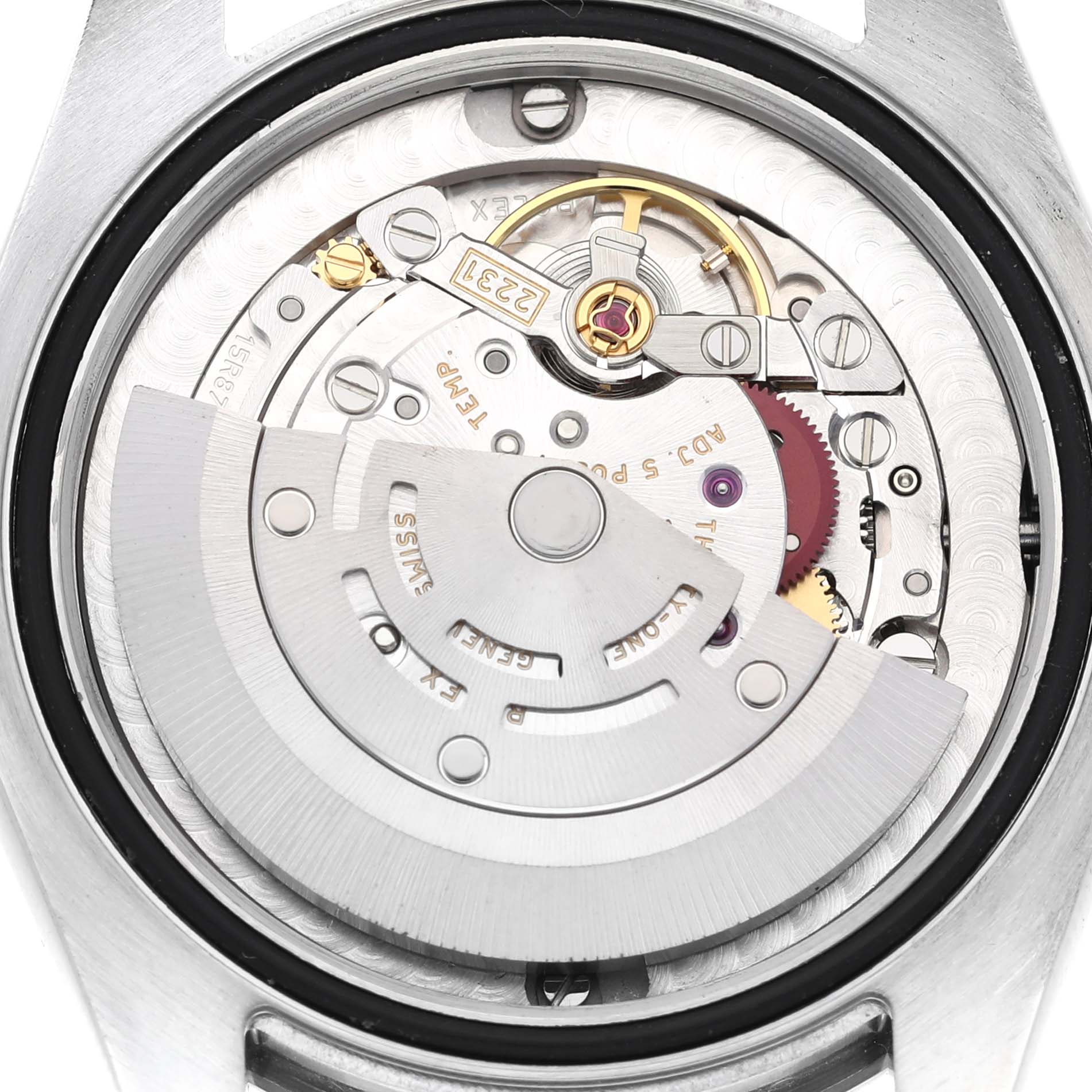 This image shows the internal mechanism of a Rolex Mid-Size 177200 Women's Stainless Steel White Dial 177200 Women's Stainless Steel White Dial model watch, viewed from the back case.