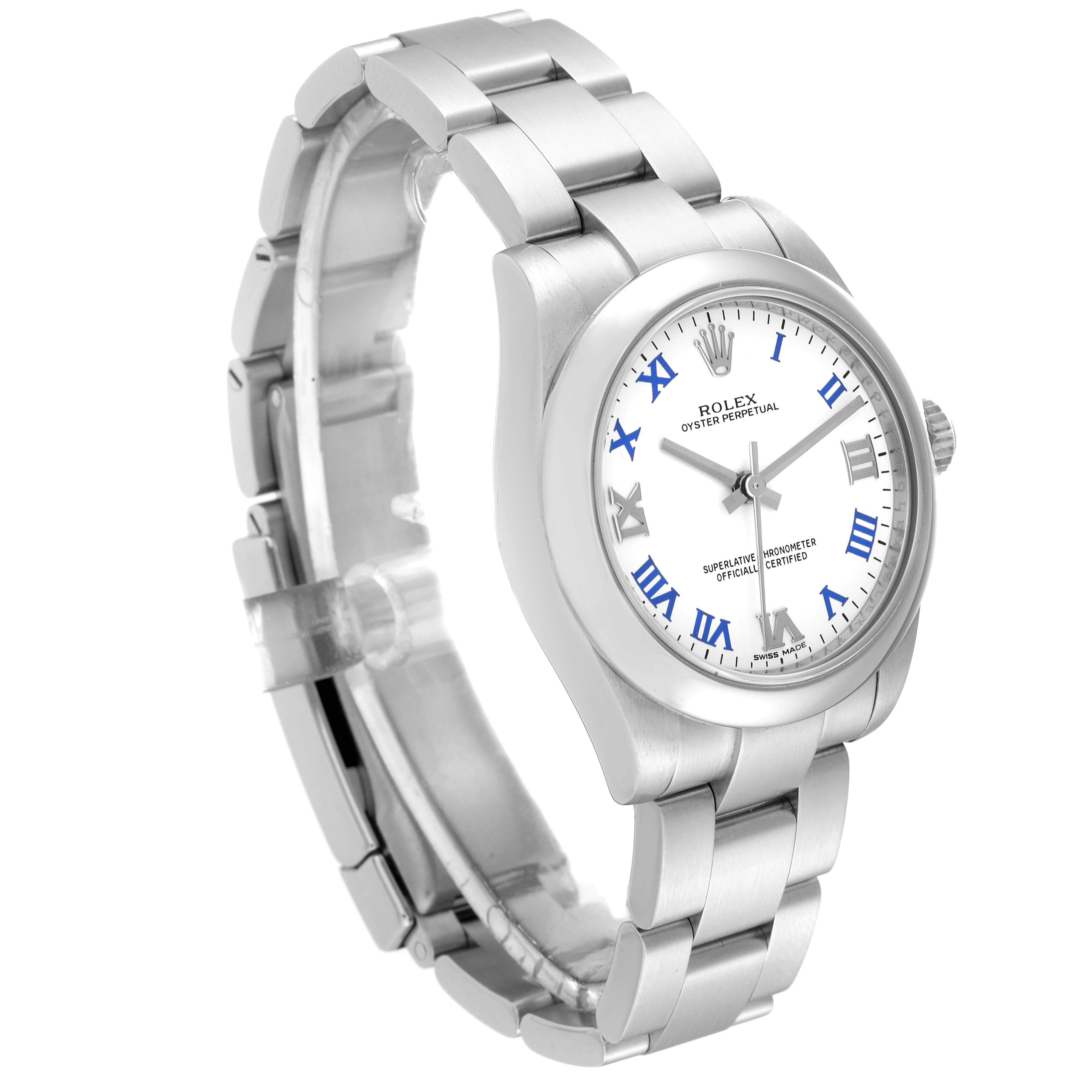 This image shows a Rolex Mid-Size 177200 Women's Stainless Steel White Dial 177200 Women's Stainless Steel White Dial model watch at an angled front view, highlighting the case and the bracelet.