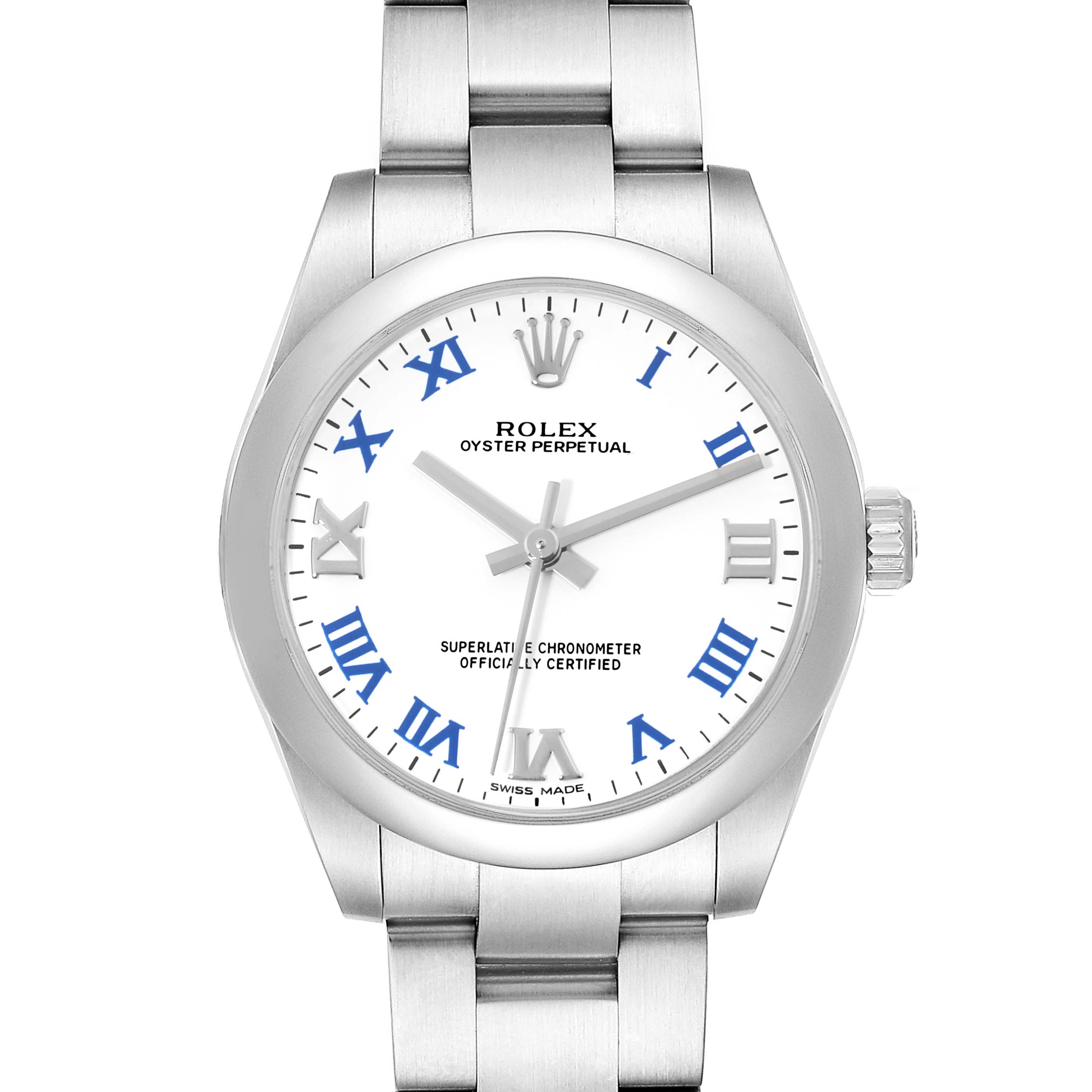 The image shows a frontal view of the Mid-Size Rolex Oyster Perpetual, displaying the face, bezel, and part of the bracelet.