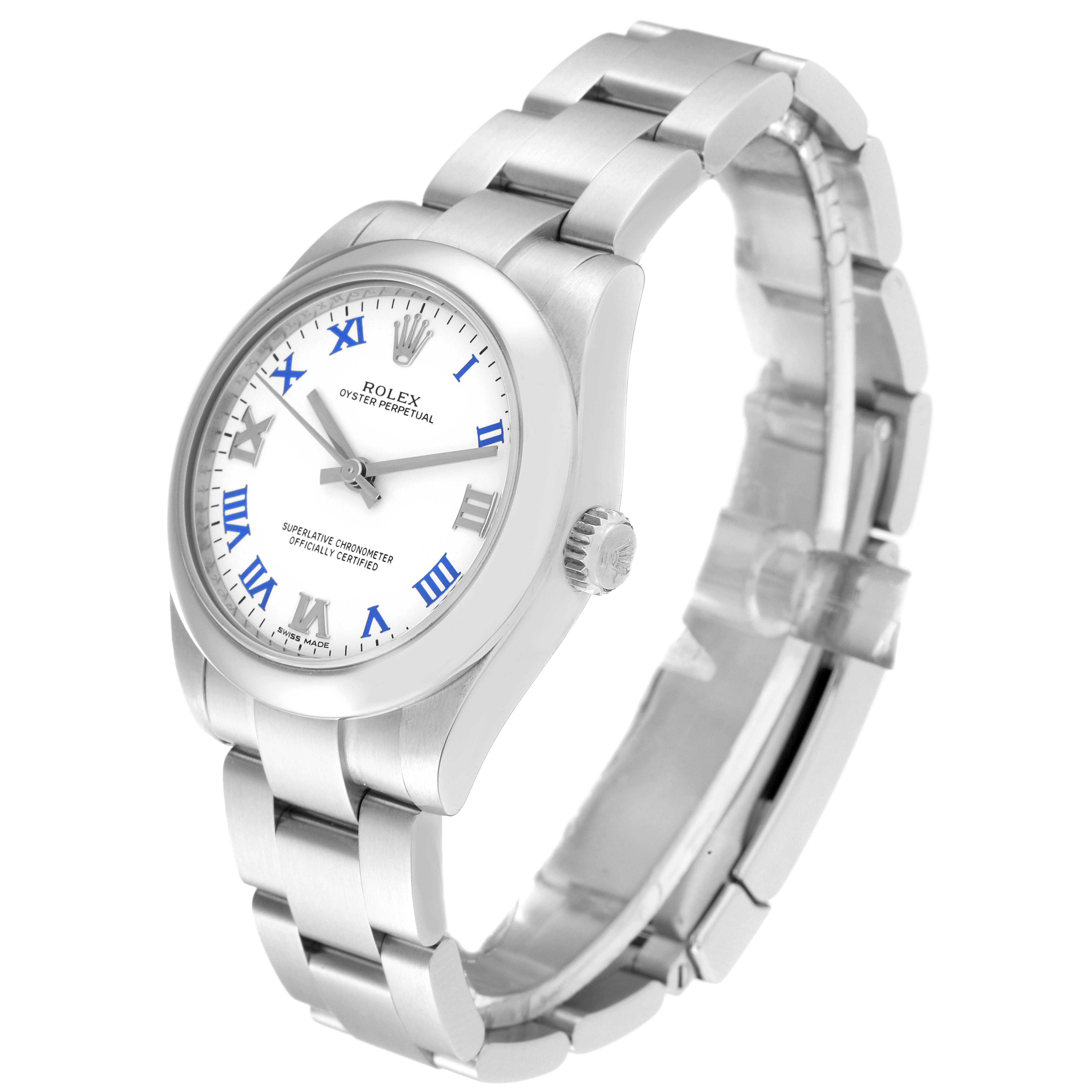 The image features a Mid-Size Rolex Oyster Perpetual watch at a three-quarter angle, showing the face, crown, and part of the bracelet.