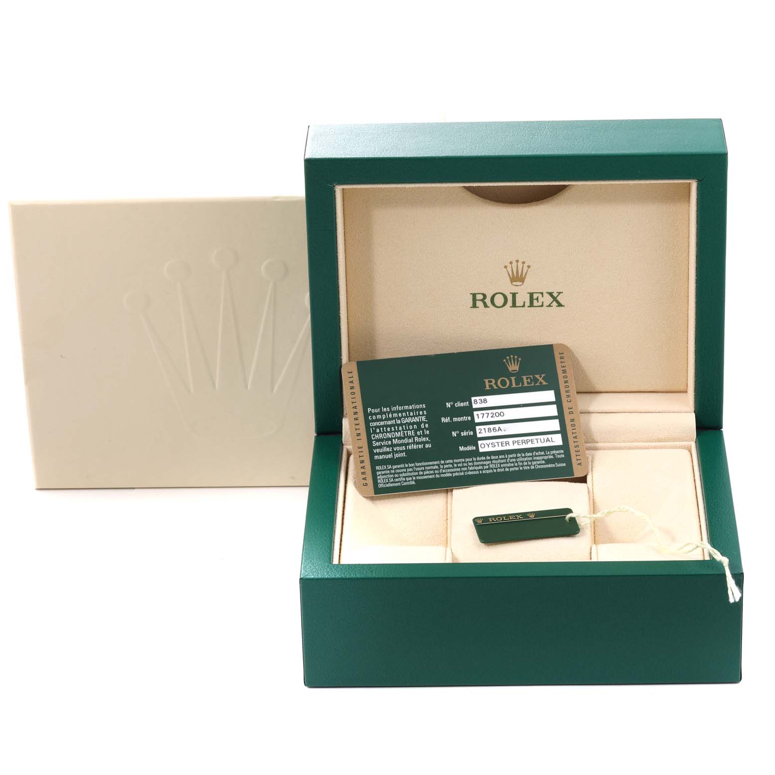 The image shows the open box, warranty card, and tag of a Rolex Mid-Size 177200 Women's Stainless Steel White Dial 177200 Women's Stainless Steel White Dial model.