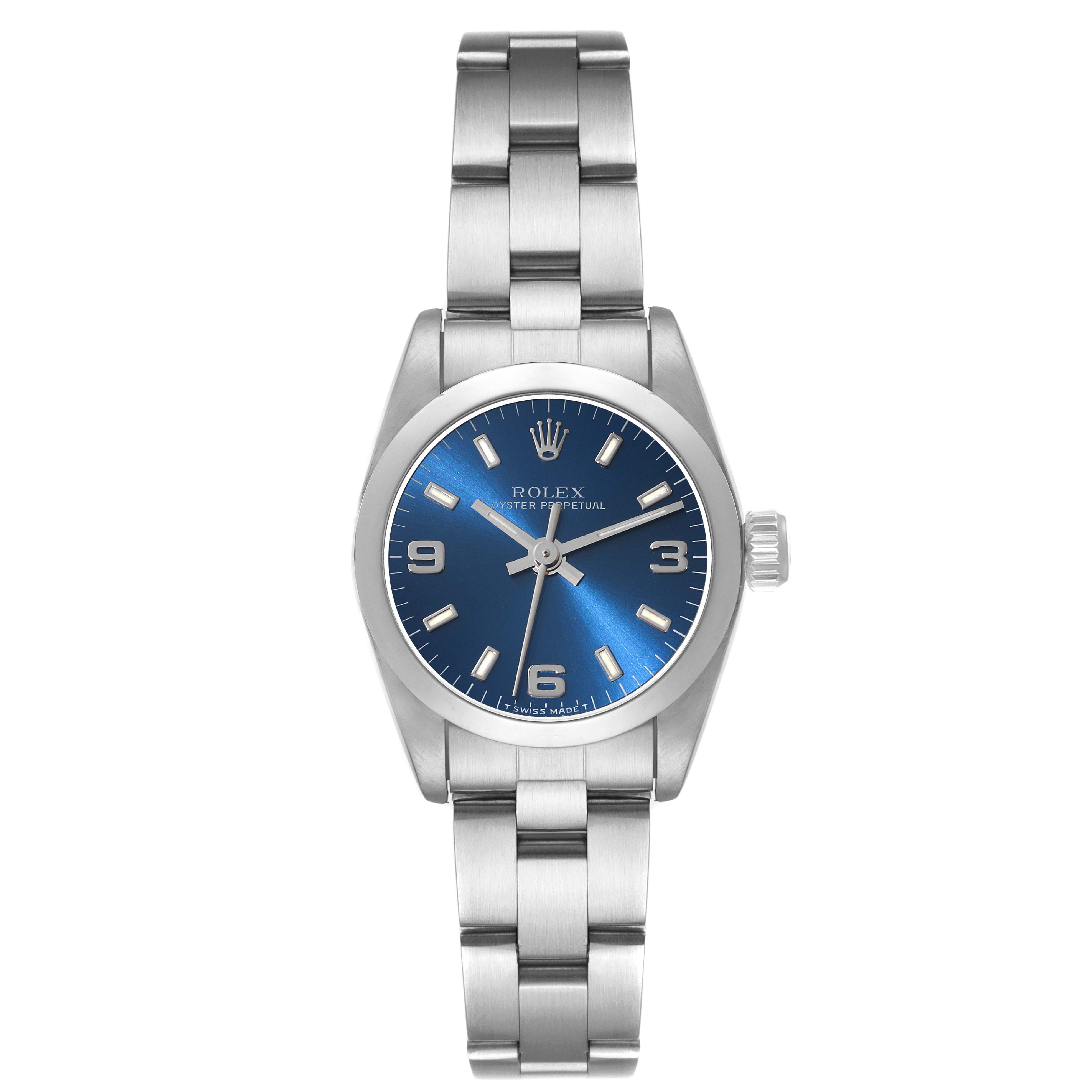 This image shows a front view of the Rolex Oyster Perpetual 67180 Women's Stainless Steel Blue Dial 67180 Women's Stainless Steel Blue Dial watch, displaying its dial, case, and bracelet.