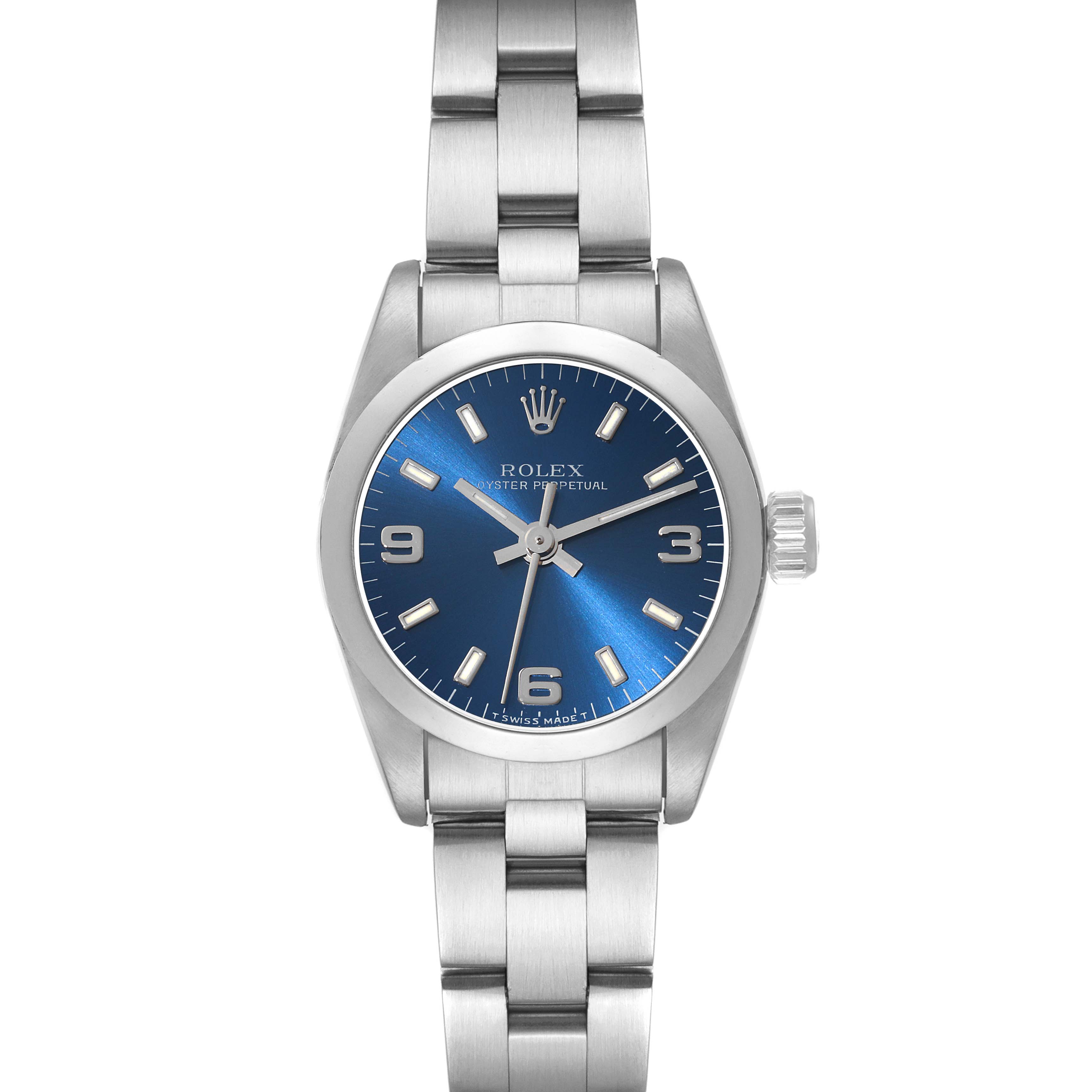 The image shows a front view of the Rolex Oyster Perpetual 67180 Women's Stainless Steel Blue Dial 67180 Women's Stainless Steel Blue Dial watch, displaying the face, crown, and bracelet.