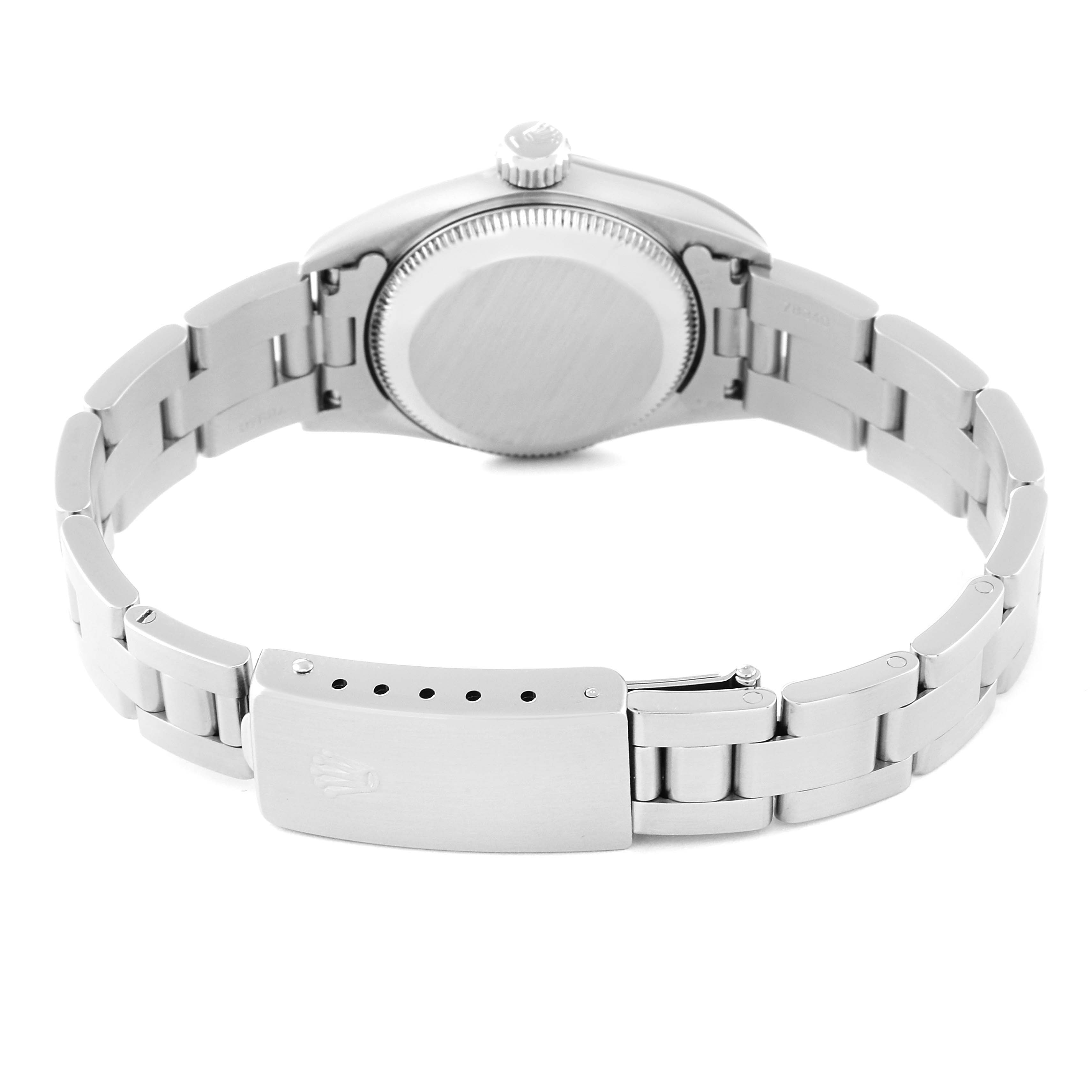 The image shows the back view of the Rolex Oyster Perpetual 67180 Women's Stainless Steel Blue Dial 67180 Women's Stainless Steel Blue Dial watch, highlighting the stainless steel bracelet and clasp.