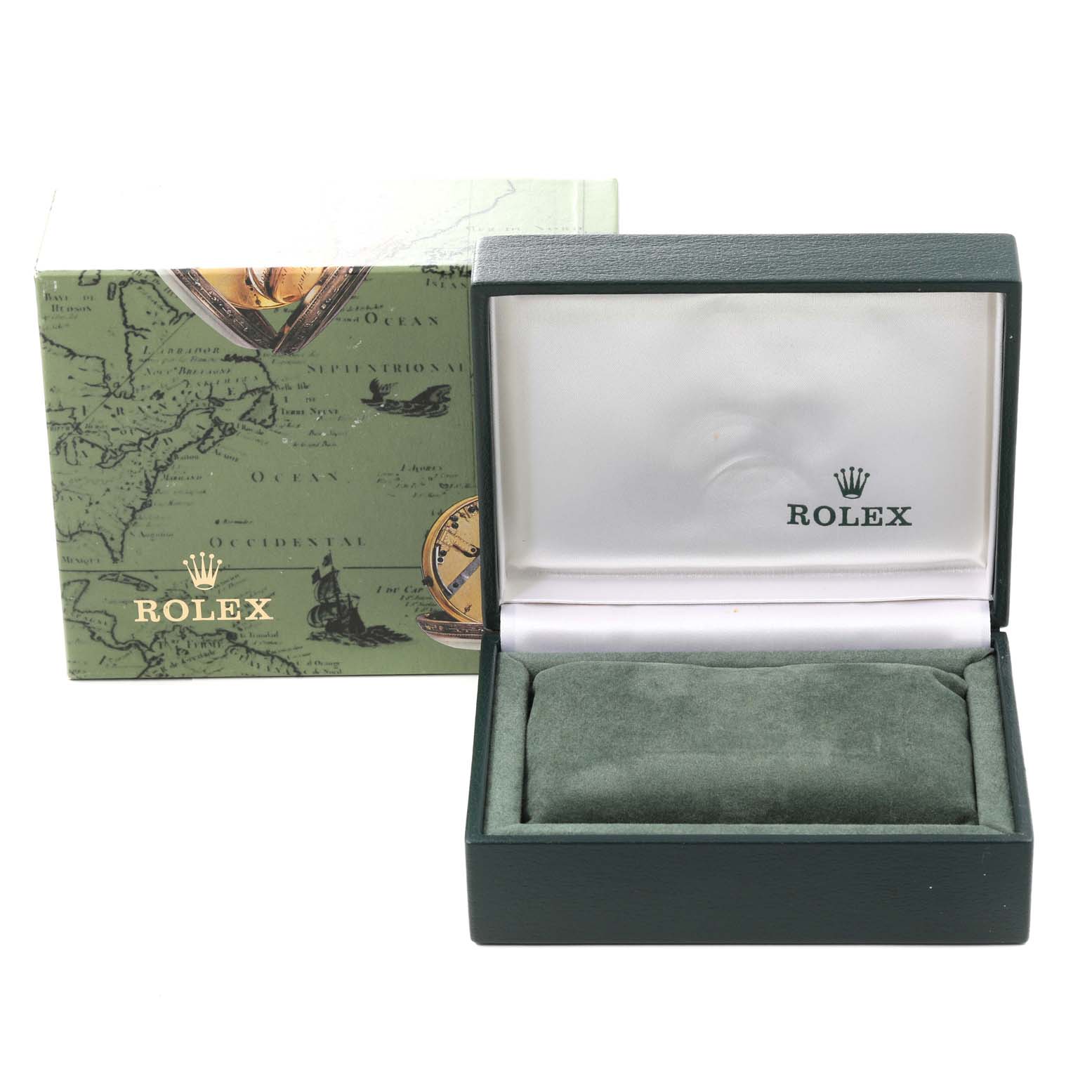 The image shows an open Rolex Oyster Perpetual 67180 Women's Stainless Steel Blue Dial 67180 Women's Stainless Steel Blue Dial watch box with the lid and pillow.