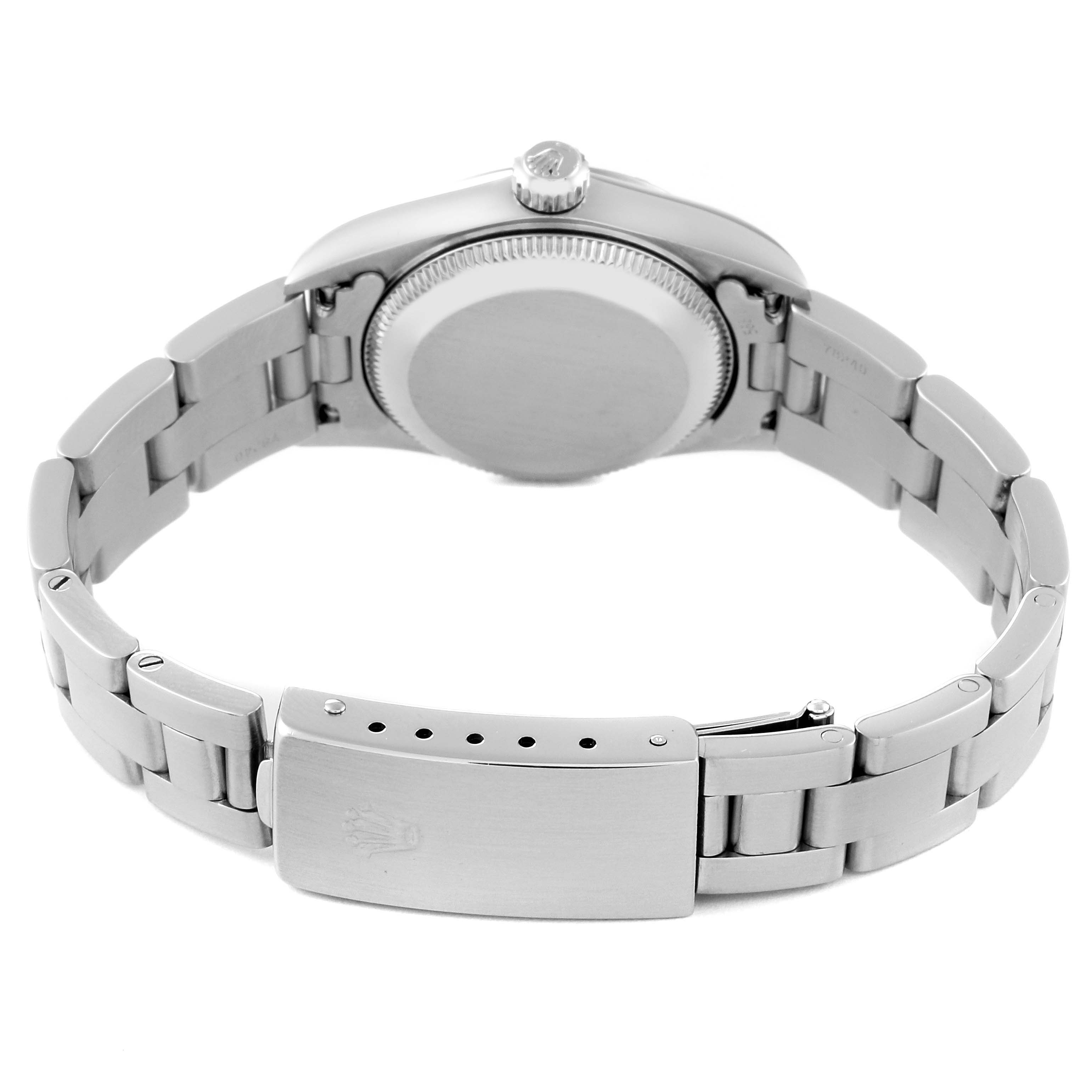 This image shows the back of the case and bracelet of a Rolex Oyster Perpetual 76030 Women
s Stainless Steel Pink Dial 76030 Women
s Stainless Steel Pink Dial watch, focusing on the clasp and backside of the watch.