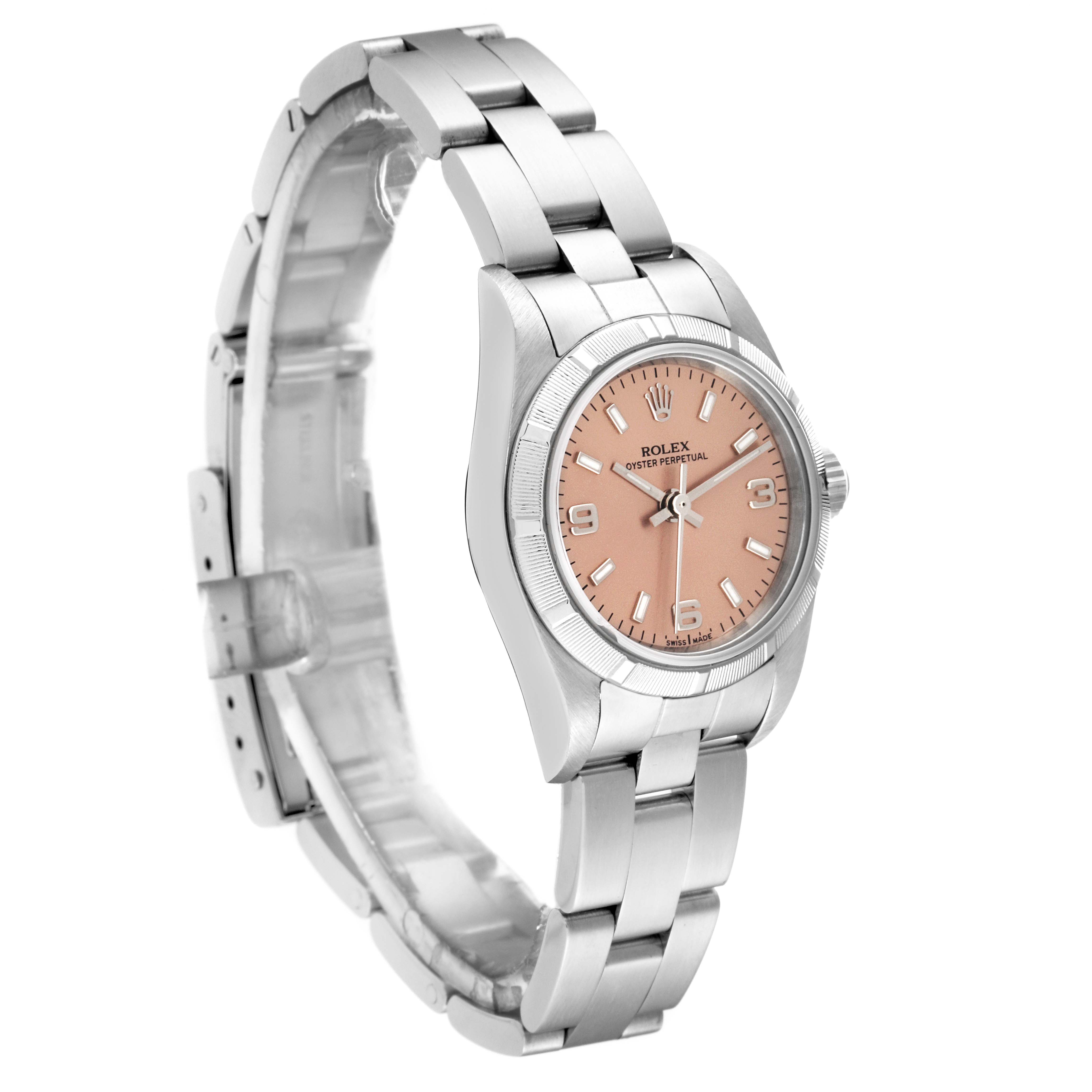 This image shows a Rolex Oyster Perpetual 76030 Women
s Stainless Steel Pink Dial 76030 Women
s Stainless Steel Pink Dial watch, angled to display its face, bezel, and bracelet.