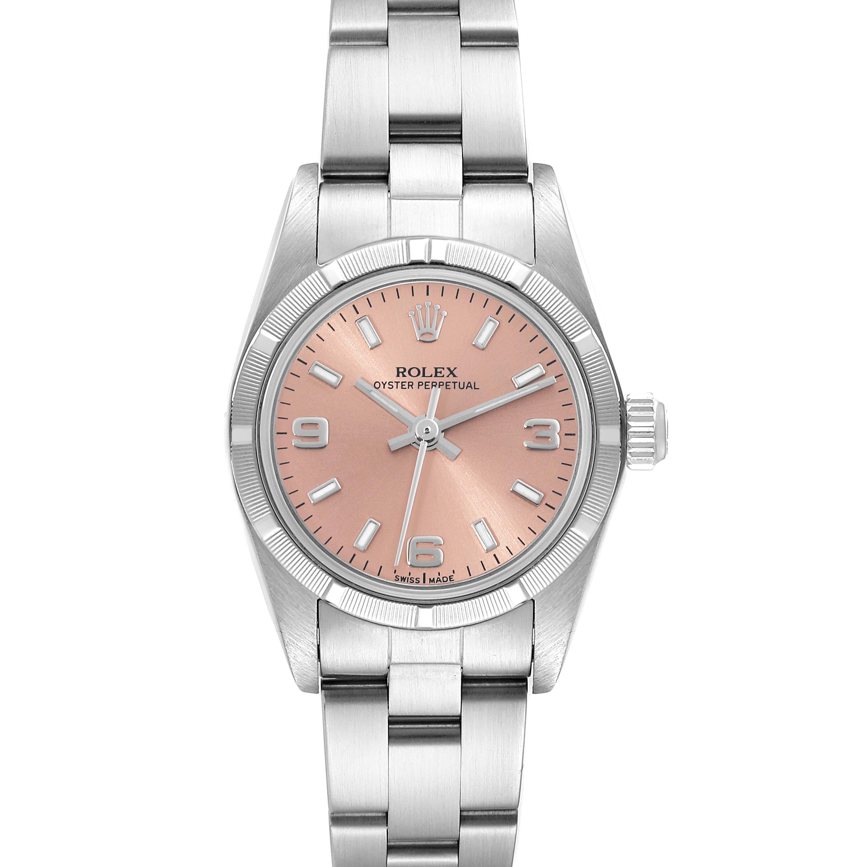 The Rolex Oyster Perpetual 76030 Women
s Stainless Steel Pink Dial 76030 Women
s Stainless Steel Pink Dial is shown from a top-down angle, displaying the full face, bezel, and bracelet.
