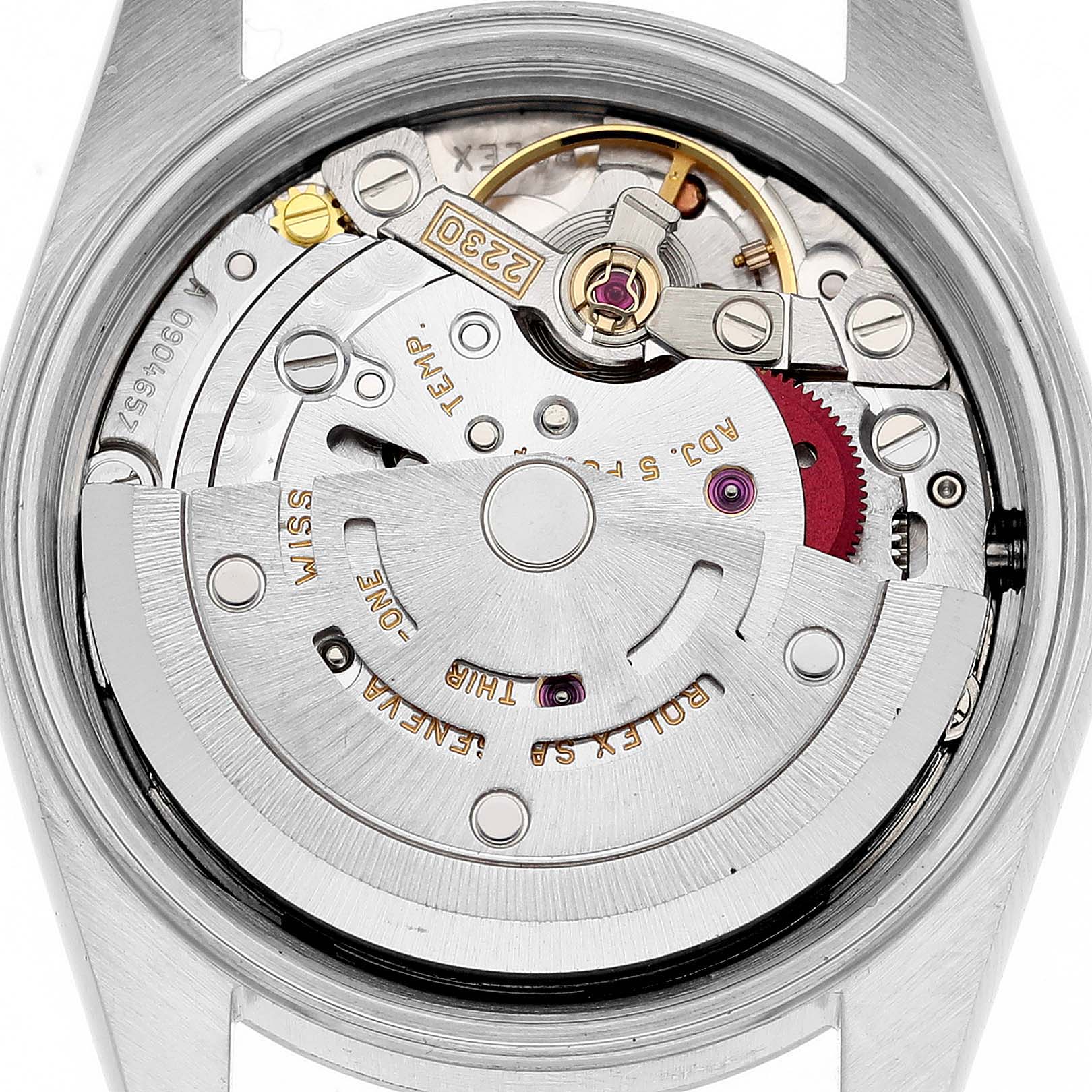 This image shows the inner mechanism and movement of a Rolex Oyster Perpetual 76030 Women
s Stainless Steel Pink Dial 76030 Women
s Stainless Steel Pink Dial watch from the back angle.