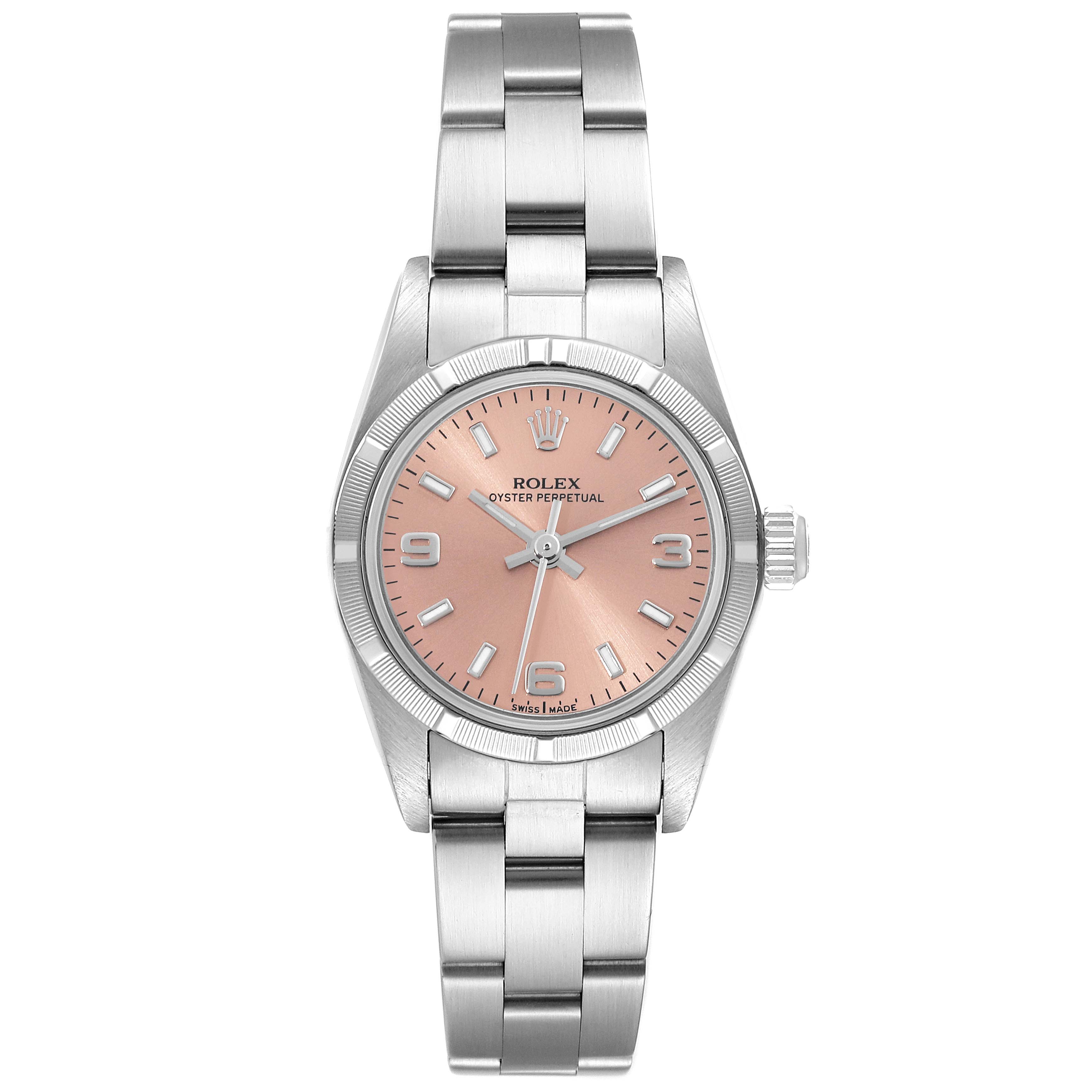 This Rolex Oyster Perpetual 76030 Women
s Stainless Steel Pink Dial 76030 Women
s Stainless Steel Pink Dial is shown from a top-down view displaying its dial, bezel, and bracelet in full view.