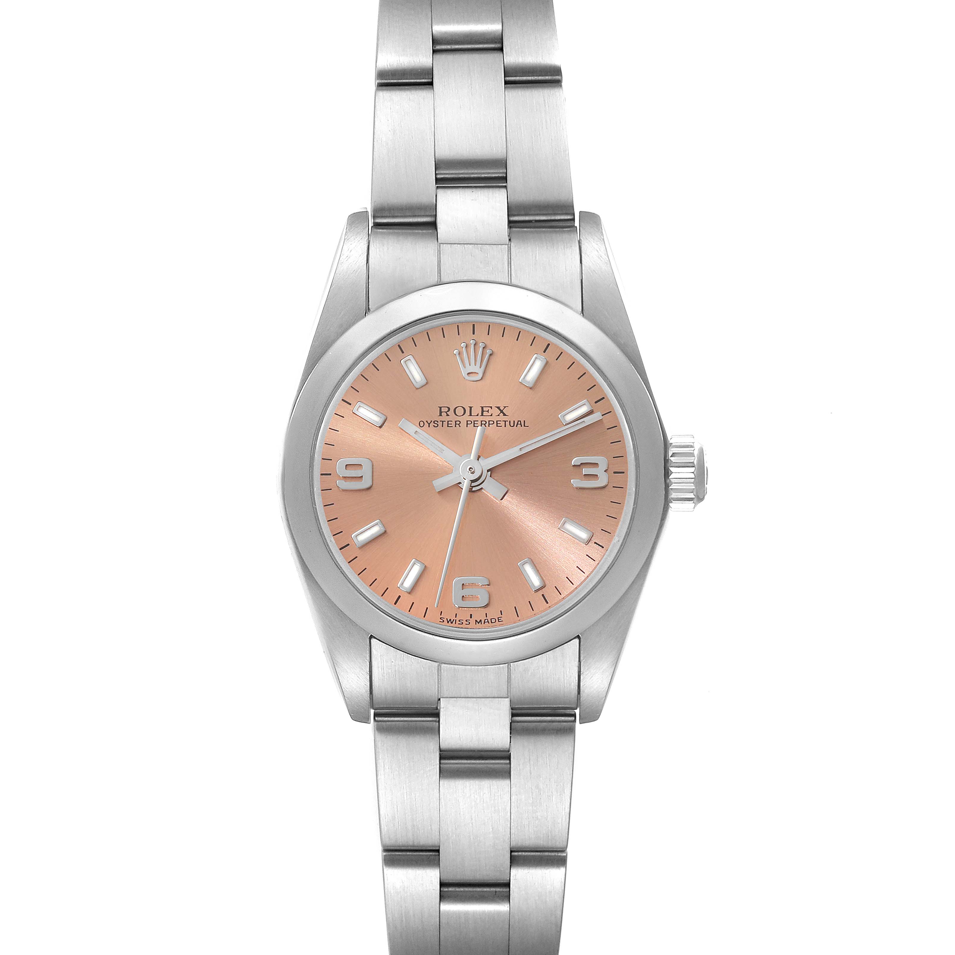 The Rolex Oyster Perpetual 76080 Women's Stainless Steel Orange Dial 76080 Women's Stainless Steel Orange Dial watch is shown from the front, displaying the face, dial, bezel, and part of the bracelet.