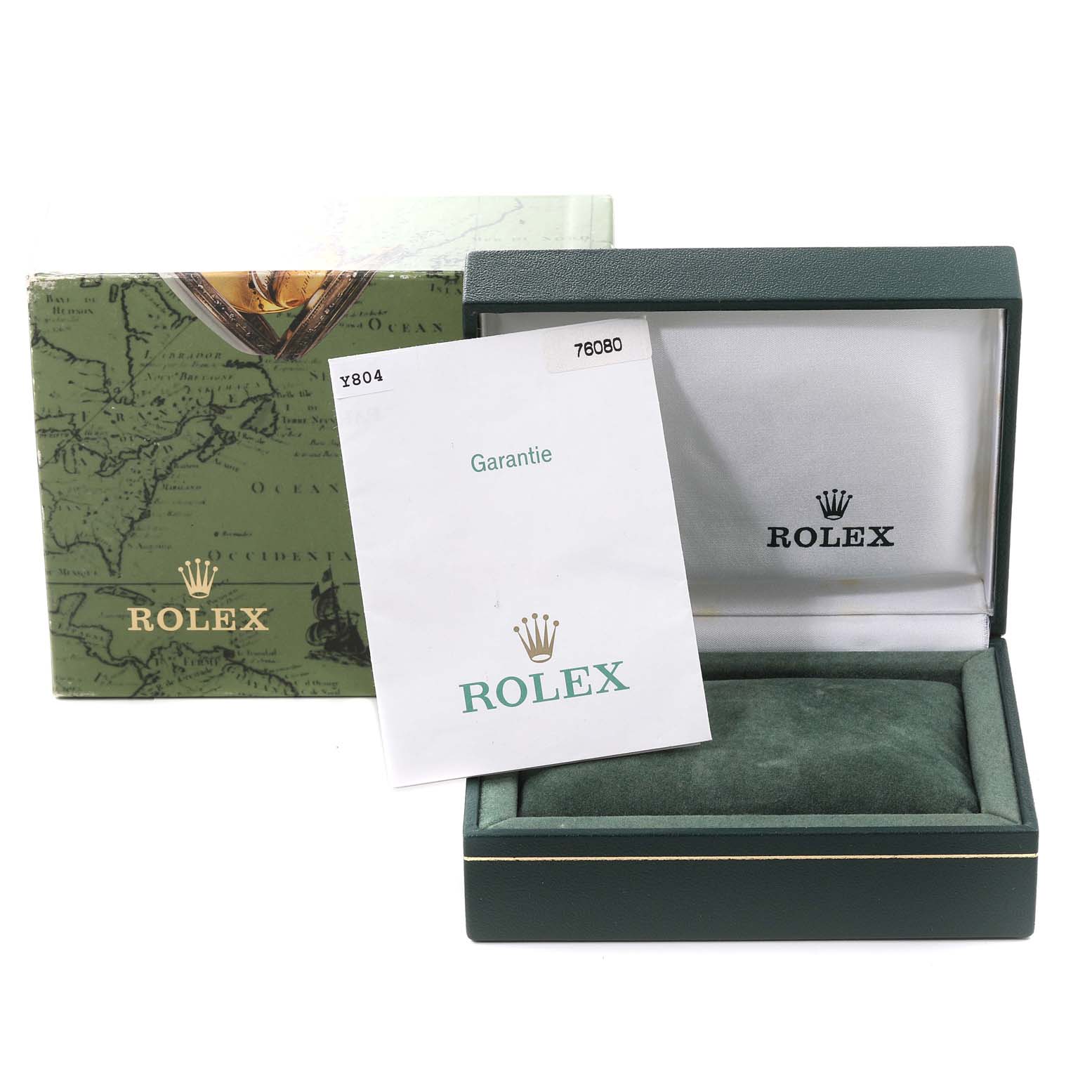 The image shows the packaging, warranty card, and inner box for a Rolex Oyster Perpetual 76080 Women's Stainless Steel Orange Dial 76080 Women's Stainless Steel Orange Dial watch.