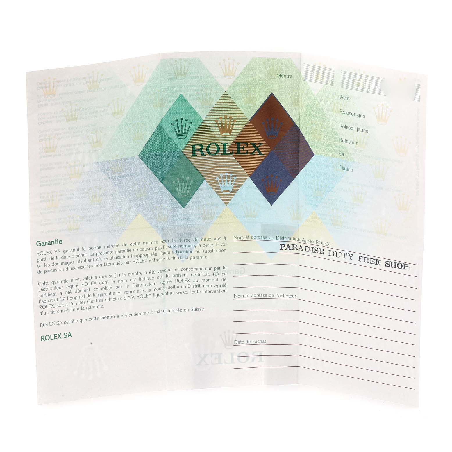 The image shows the warranty card for a Rolex Oyster Perpetual 76080 Women's Stainless Steel Orange Dial 76080 Women's Stainless Steel Orange Dial watch, featuring multicolored diamond patterns and spaces for dealer and buyer information.