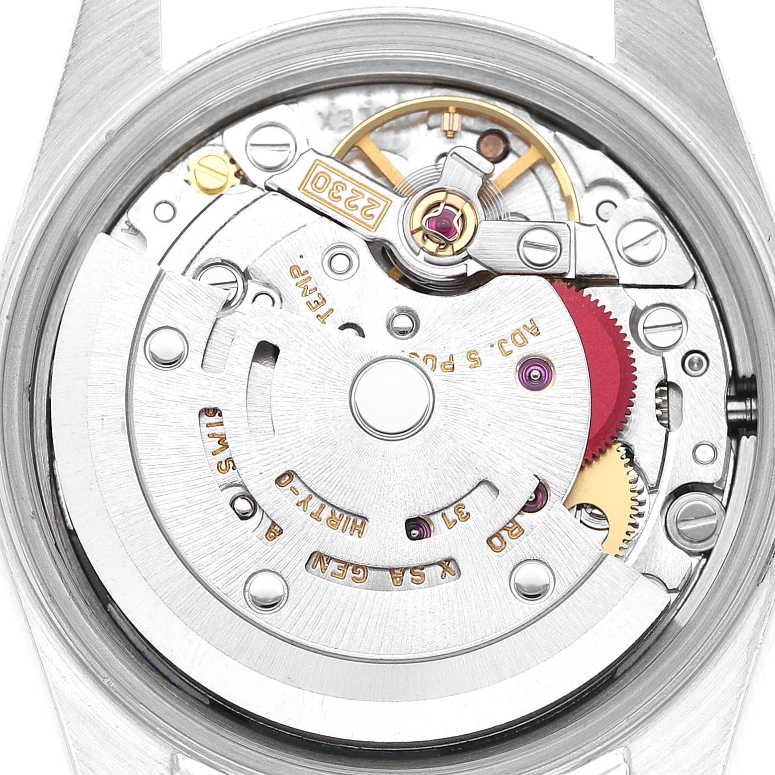 This image shows the internal mechanical movement of a Rolex Oyster Perpetual 76080 Women's Stainless Steel Orange Dial 76080 Women's Stainless Steel Orange Dial watch from the back view.