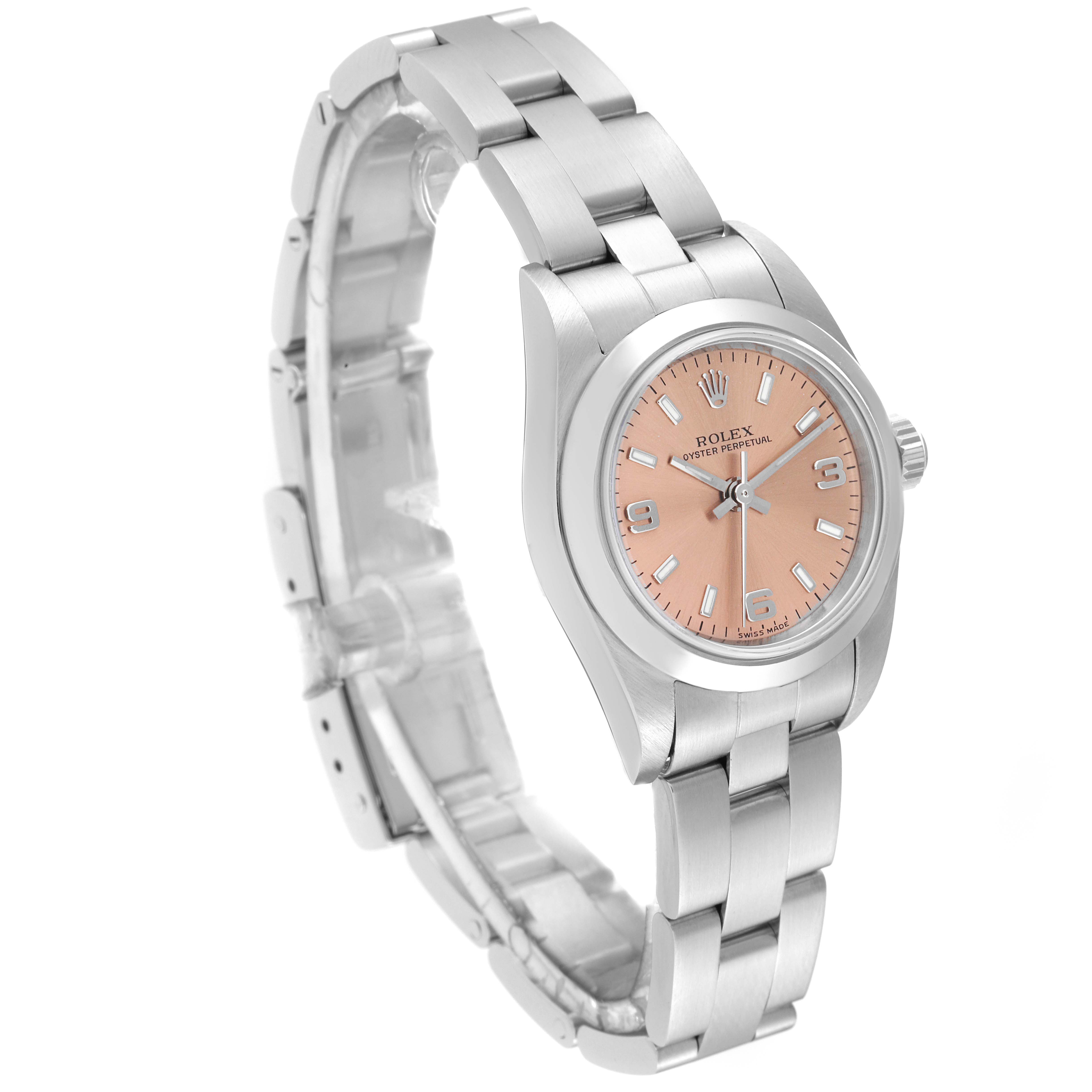 The image shows a Rolex Oyster Perpetual 76080 Women's Stainless Steel Orange Dial 76080 Women's Stainless Steel Orange Dial watch at a left side angle, highlighting the bracelet, case, and pink dial.
