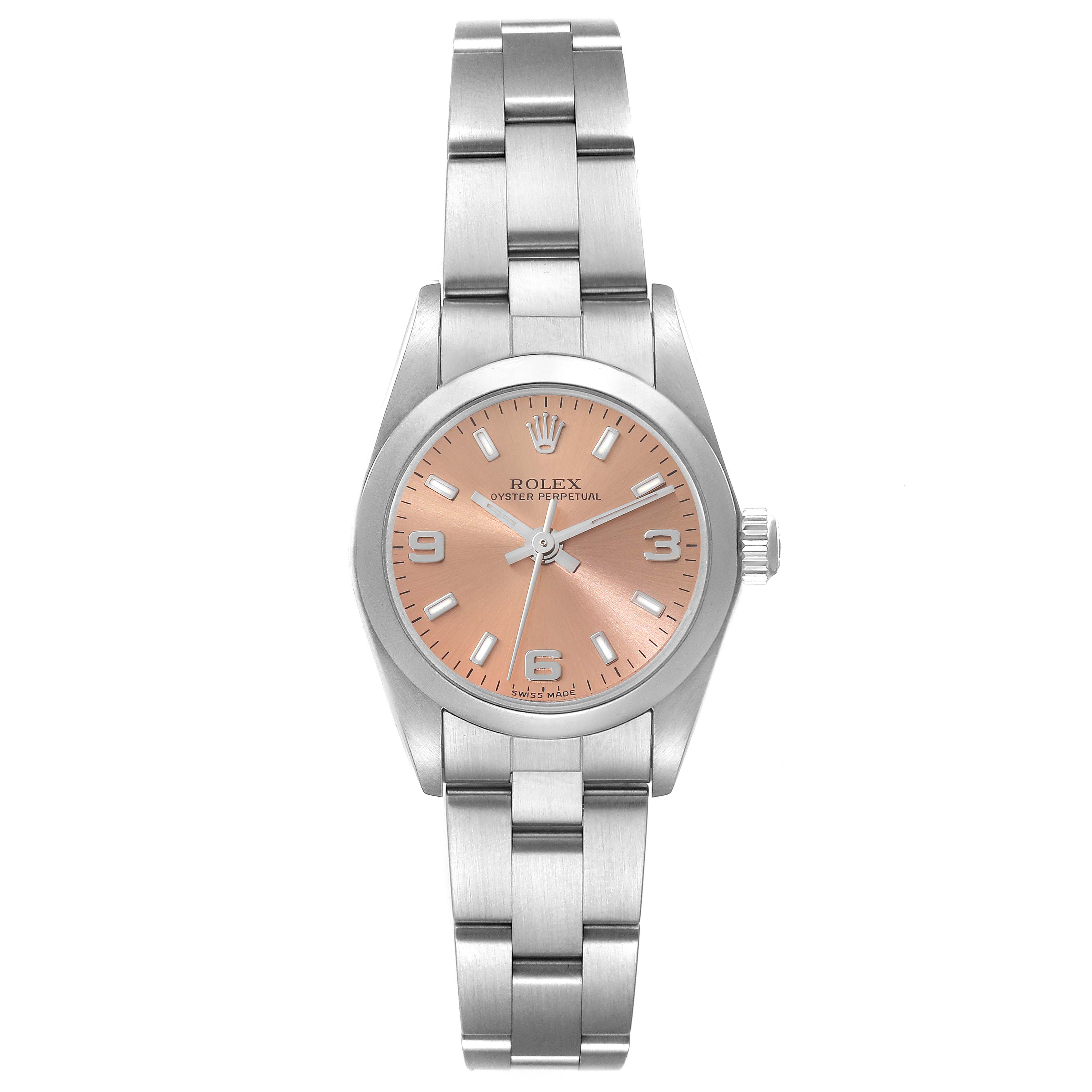 The image shows a front view of a Rolex Oyster Perpetual 76080 Women's Stainless Steel Orange Dial 76080 Women's Stainless Steel Orange Dial watch displaying the dial, bezel, crown, case, and bracelet.
