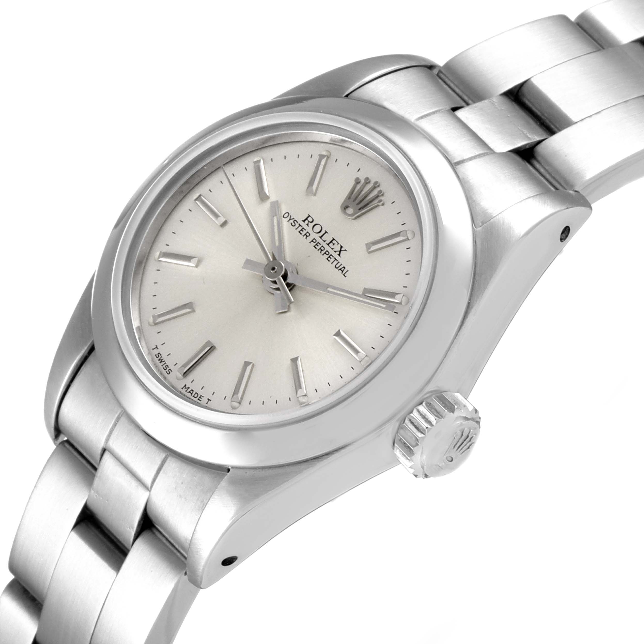 The image shows a Rolex Oyster Perpetual 67230 Women's Stainless Steel Silver Dial 67230 Women's Stainless Steel Silver Dial watch at an angled close-up, highlighting the dial, crown, and part of the bracelet.