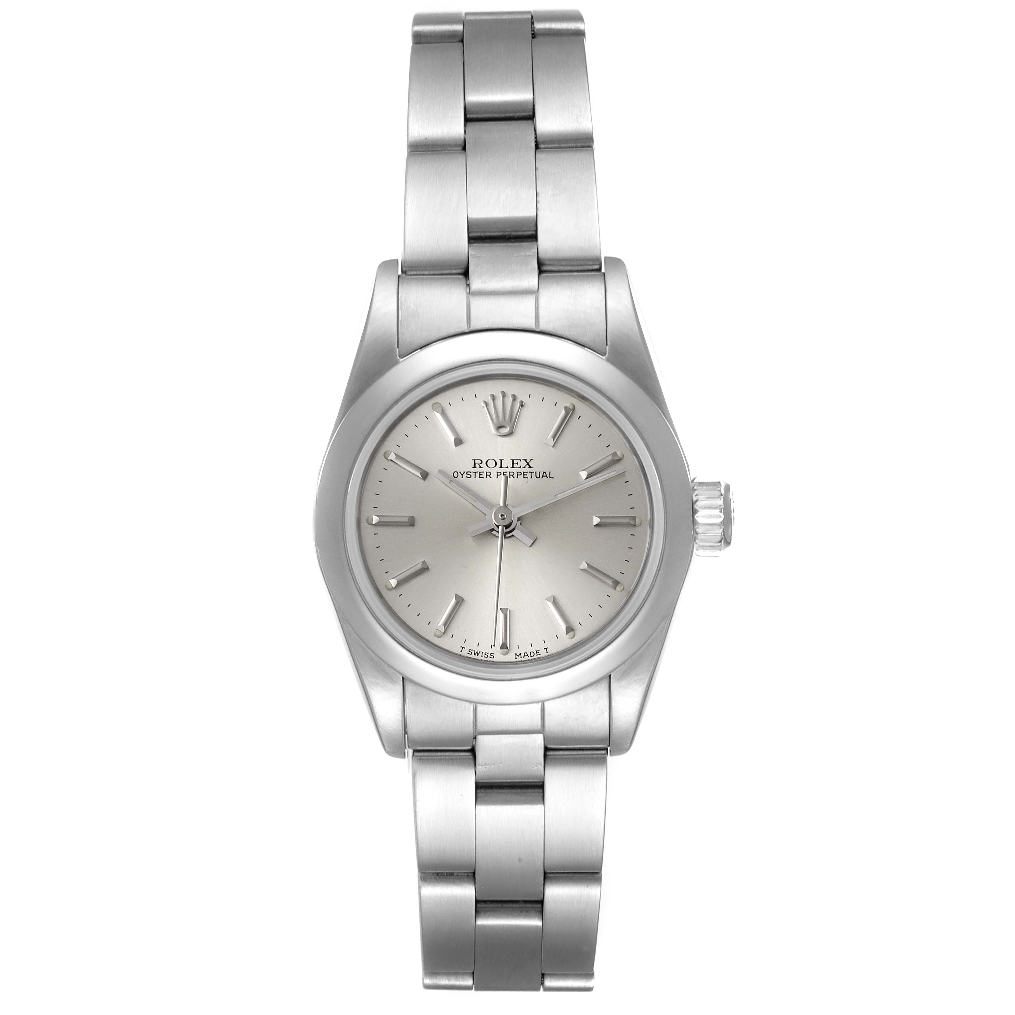 The image shows a front view of a Rolex Oyster Perpetual 67230 Women's Stainless Steel Silver Dial 67230 Women's Stainless Steel Silver Dial watch, highlighting the dial, hands, and bracelet.