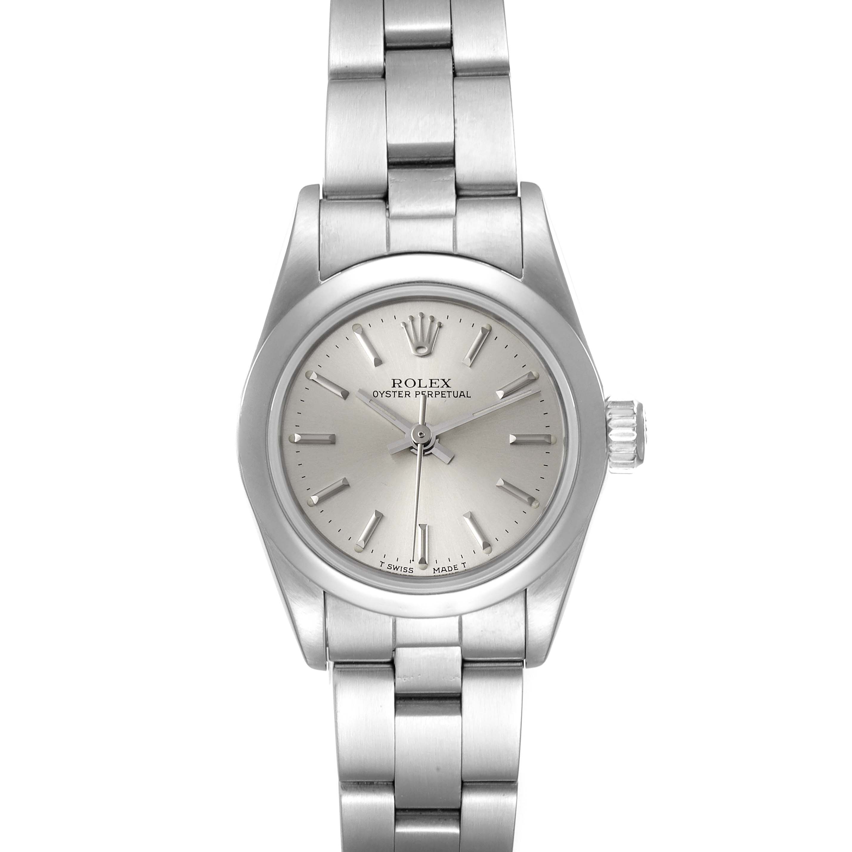 The image shows a front-facing view of a Rolex Oyster Perpetual 67230 Women's Stainless Steel Silver Dial 67230 Women's Stainless Steel Silver Dial watch, displaying its dial, bezel, crown, and bracelet.