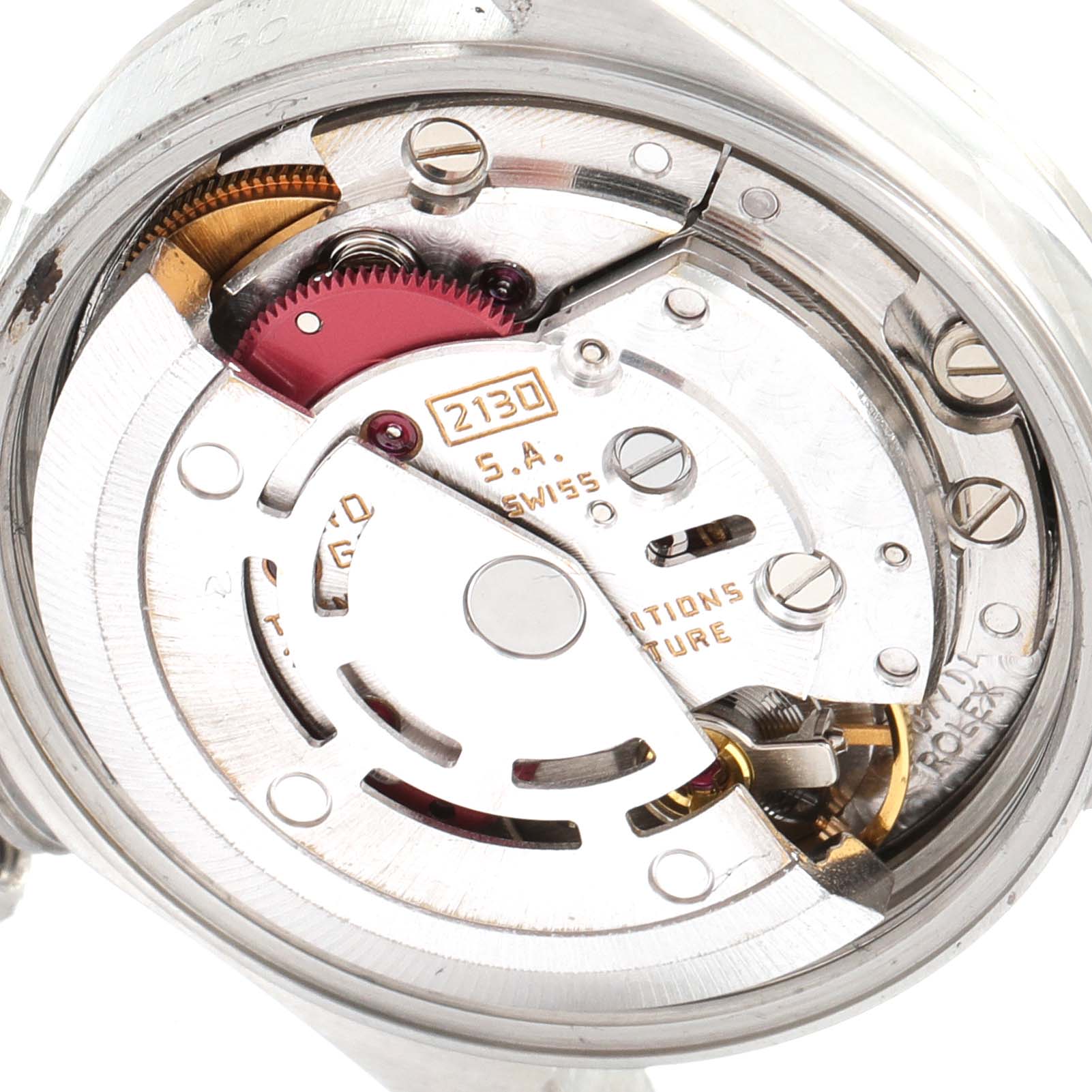 The image shows the inner mechanism and rotor of the Rolex Oyster Perpetual 67230 Women's Stainless Steel Silver Dial 67230 Women's Stainless Steel Silver Dial watch, viewed from the back.