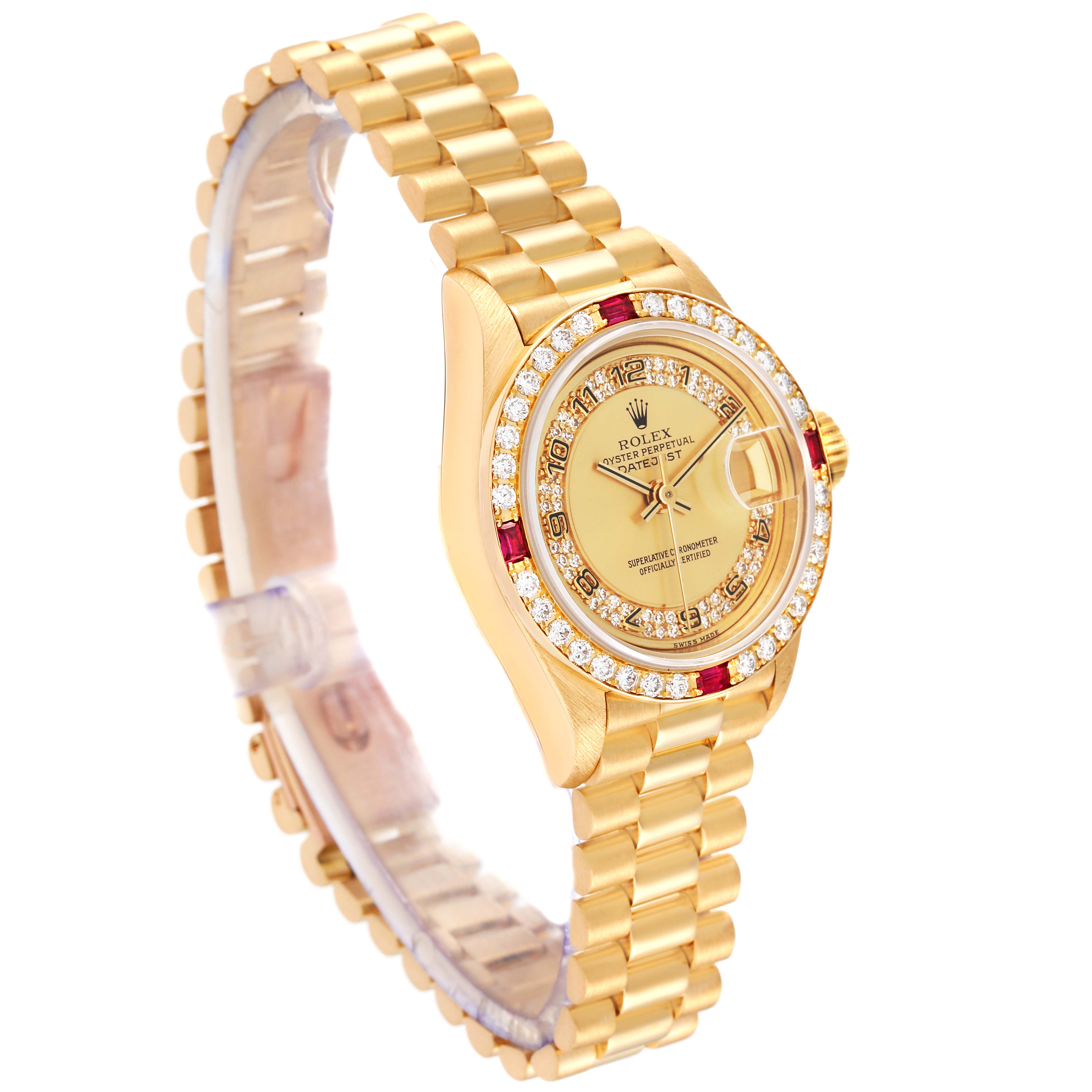 The Rolex President 69068 Women's Yellow Gold Champagne Dial 69068 Women's Yellow Gold Champagne Dial model watch is shown at a slight angle, highlighting its gold bracelet, diamond bezel, and face details.