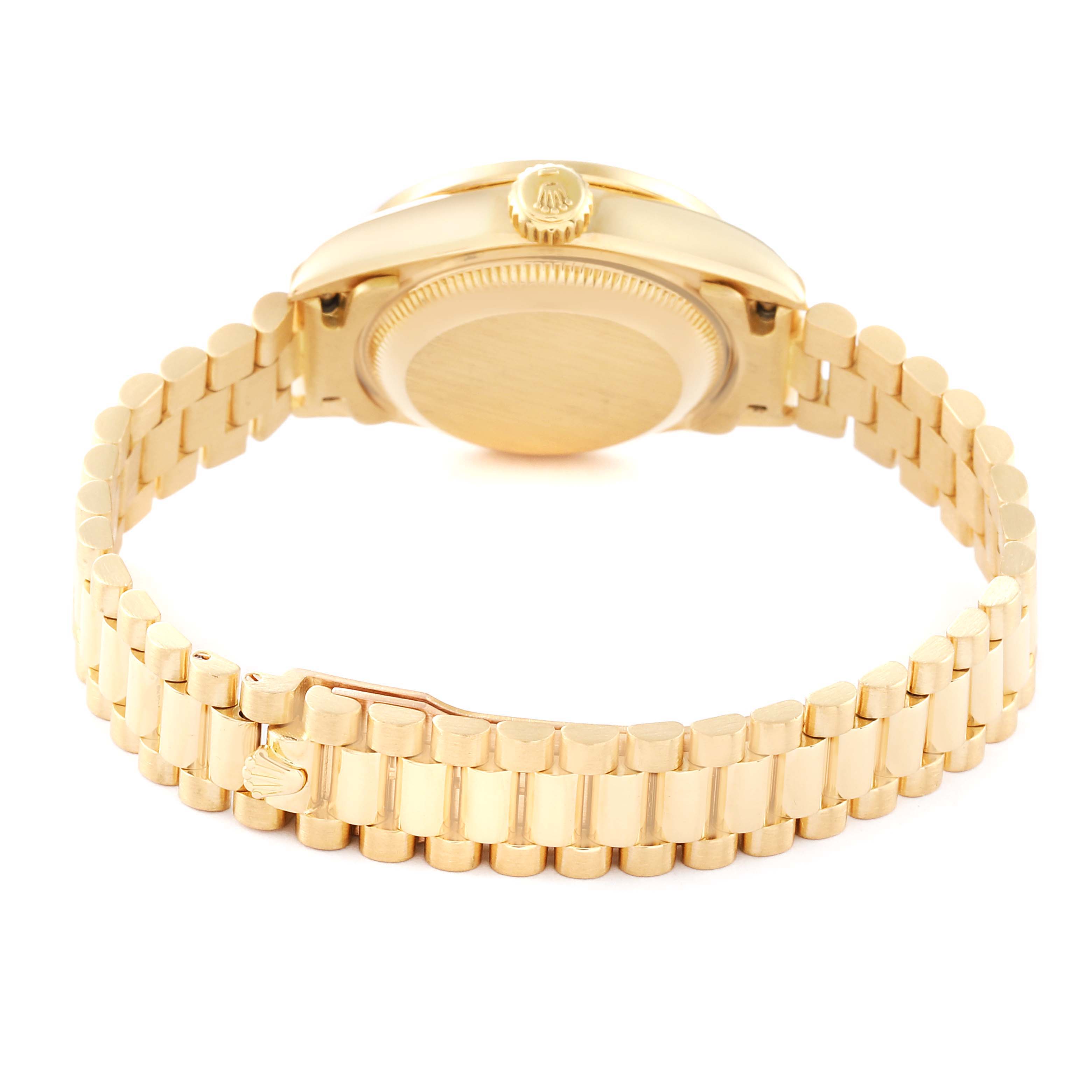 This image shows the back and side angle of the Rolex President 69068 Women's Yellow Gold Champagne Dial 69068 Women's Yellow Gold Champagne Dial model watch, highlighting its gold case and bracelet.