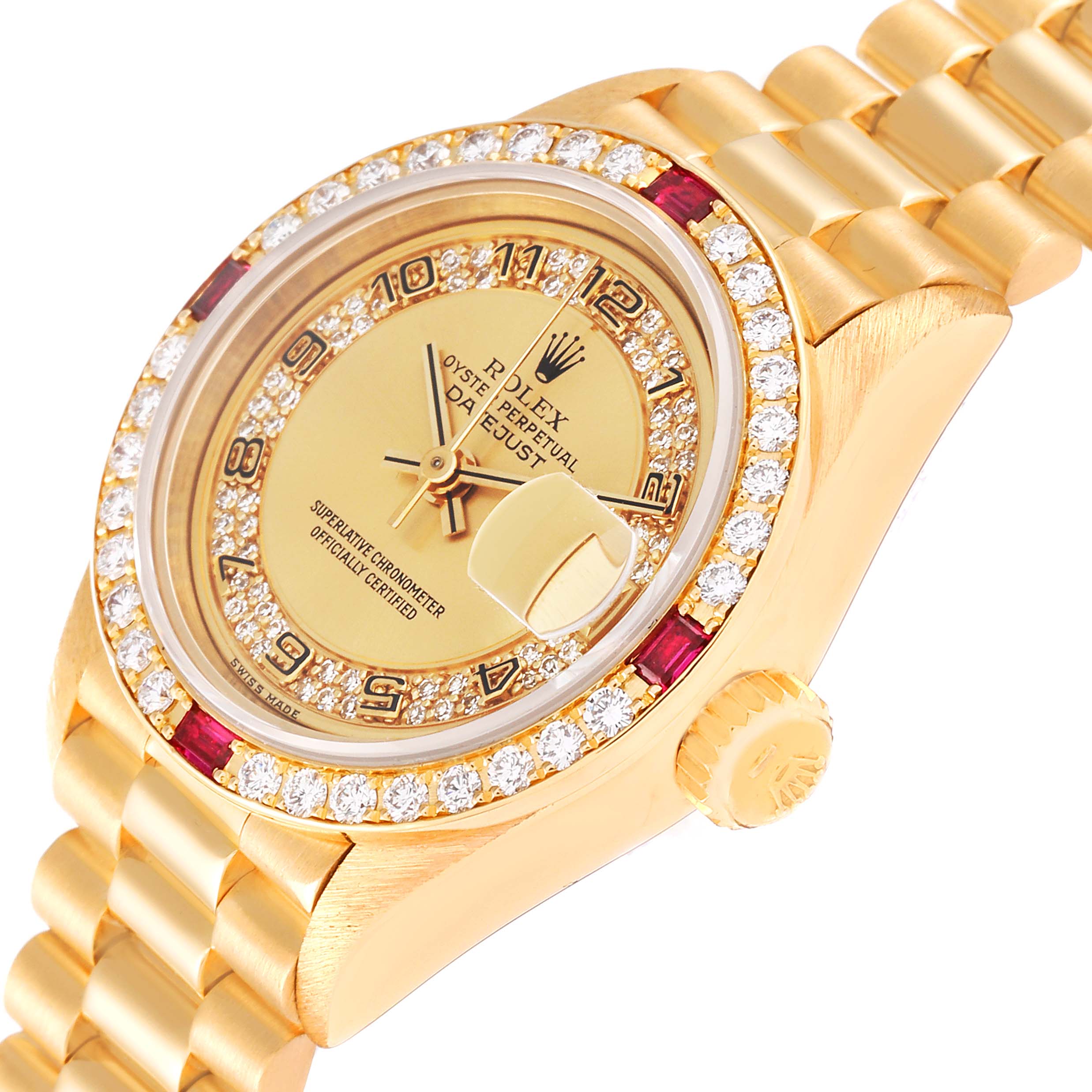 The image shows a close-up side angle of a Rolex President 69068 Women's Yellow Gold Champagne Dial 69068 Women's Yellow Gold Champagne Dial model watch, highlighting the gold case, diamond bezel, and bracelet.